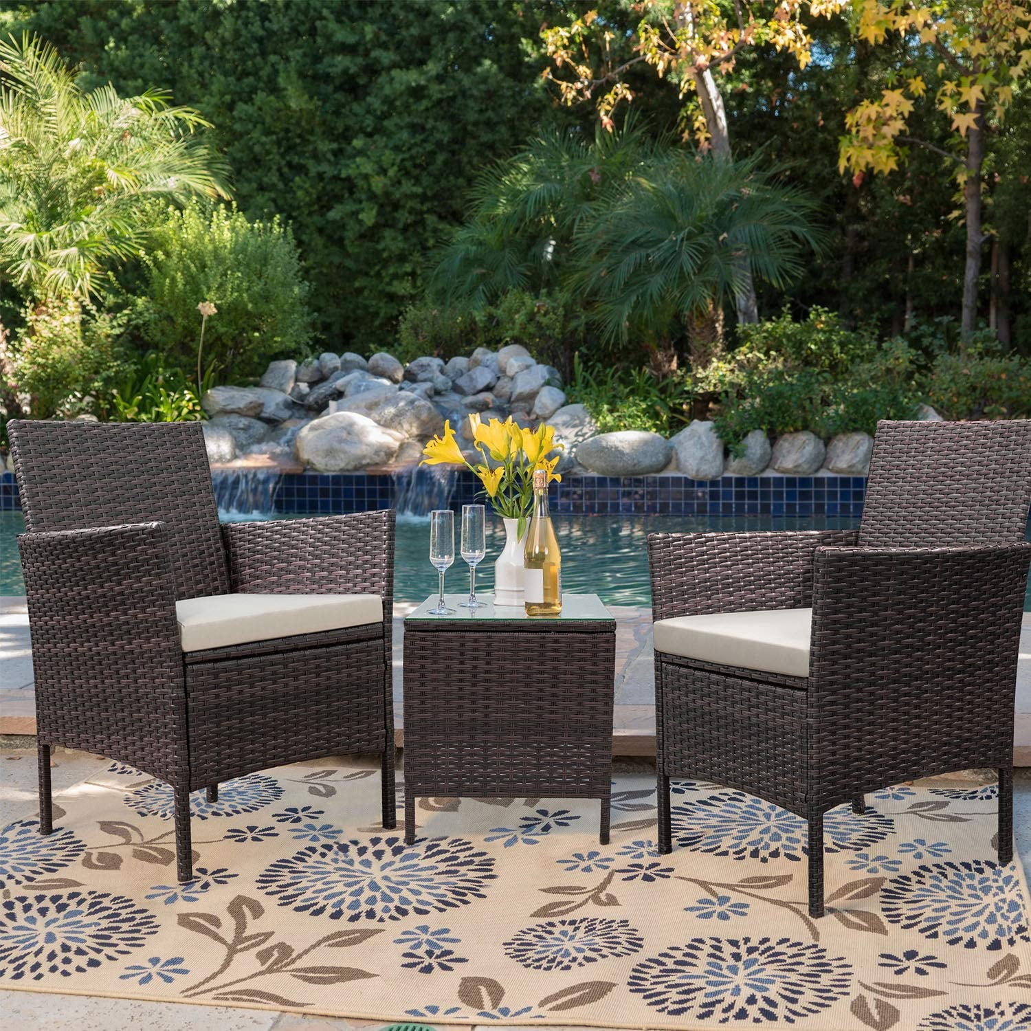 Lacoo 3 Pieces Outdoor Patio Furniture PE Rattan Wicker Table and Chairs Set Bar Set with Cushioned Tempered Glass, Brown/Beige, 2 - Womvr