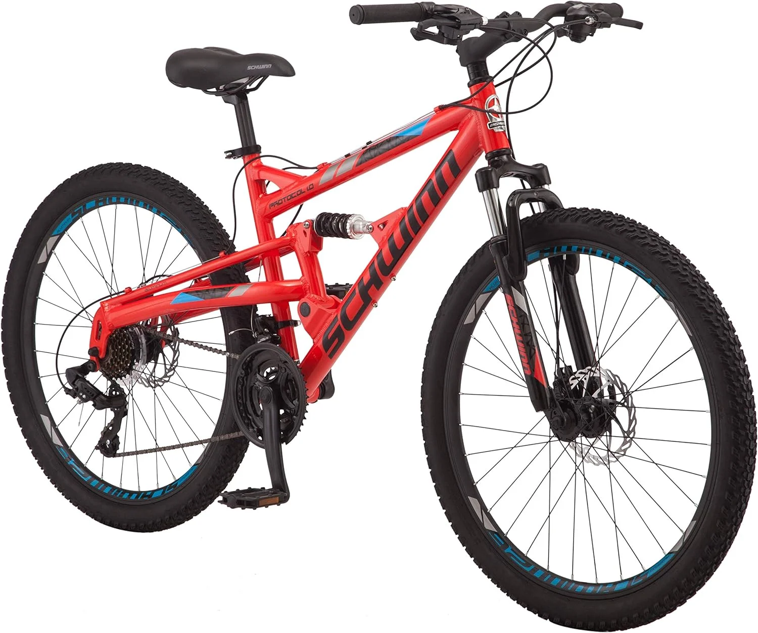 Schwinn Protocol 1.0 Men's and Women's Mountain Bike, 26 In. Wheels, 24-Speed Drivetrain, Lightweight Aluminum Frame, Full Suspension, Red/Blue - Womvr