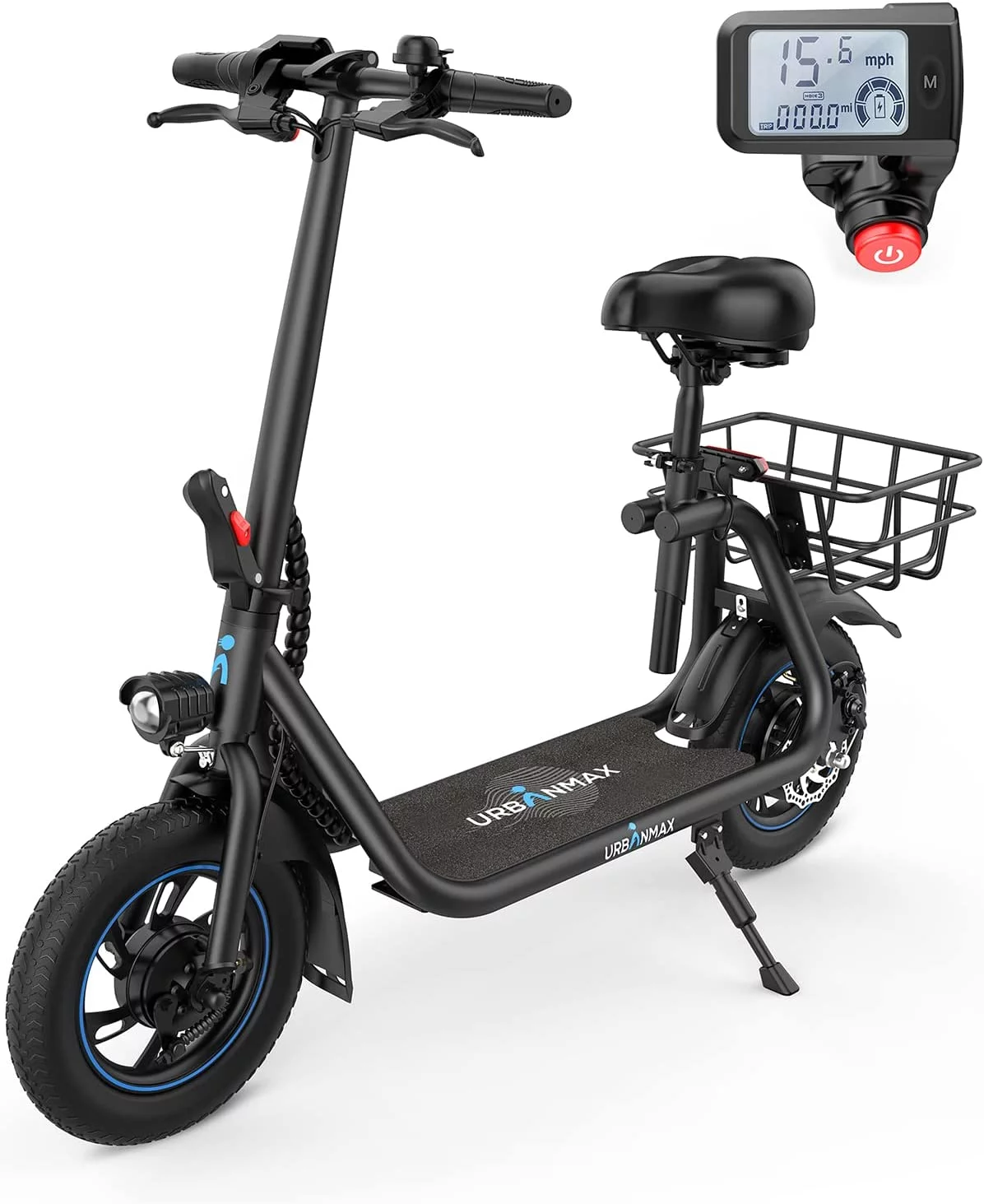 URBANMAX C1 Electric Scooter with Seat, 450W Powerful Motor up to 22 Miles Range, Folding Electric Scooter for Adult Max Speed 15.5Mph, Electric Scooter-Blackfor Commuting with Basket - Womvr