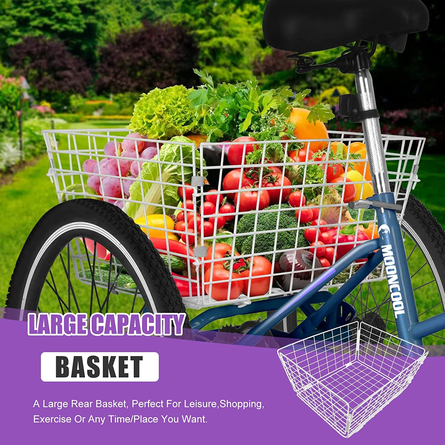 MOONCOOL Adult Folding Tricycle, 7 Speed 20/24/26 inch Adult Tricycles, Three Wheel Bike Cruiser Trike with Large Basket - Womvr