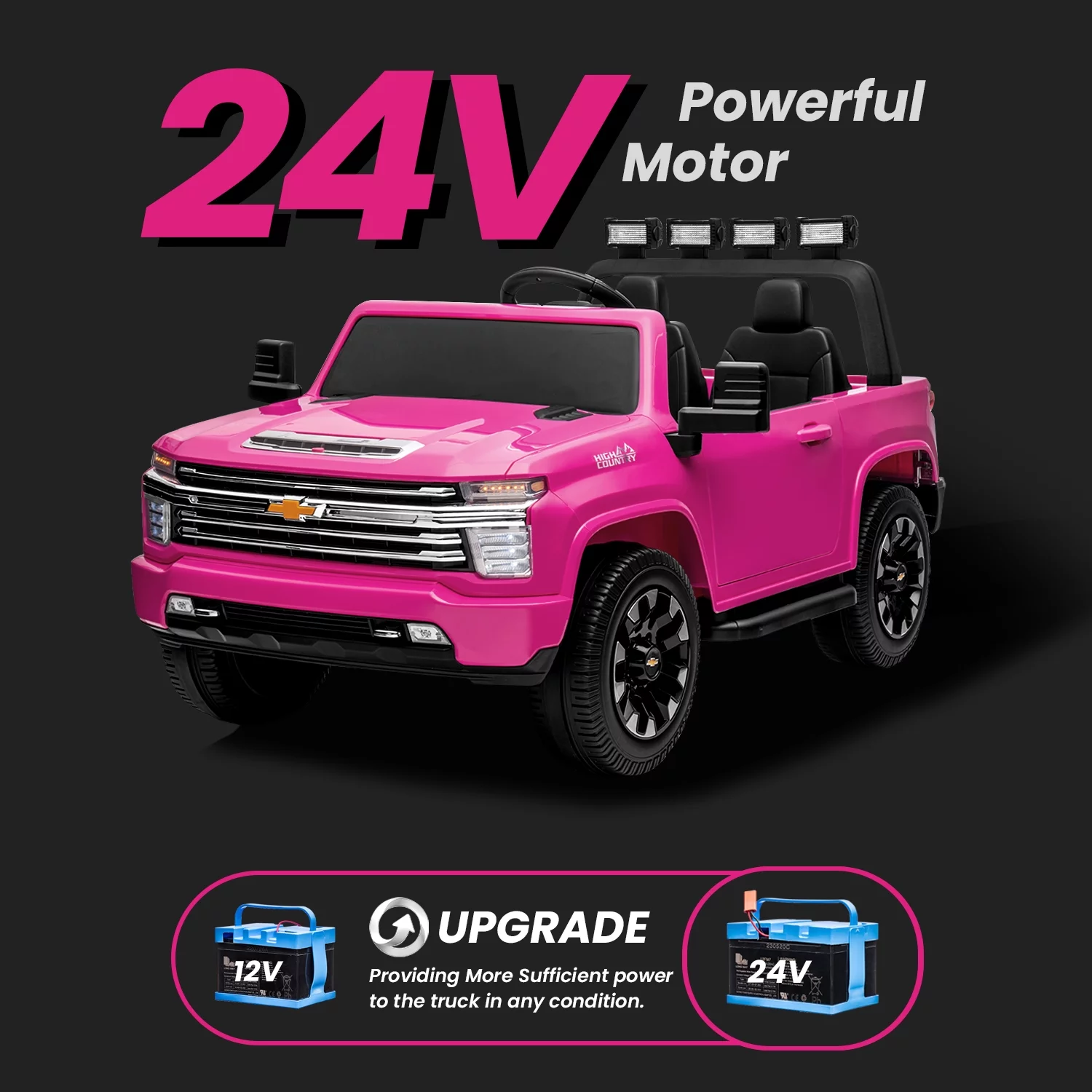 Track 7 24V Ride on Car, Licensed Silverado HD 2 Seater Electric Car for Boys Girls Age 3+, 24V Ride on Truck w/Remote Control, Music, ABC, Pink - Womvr