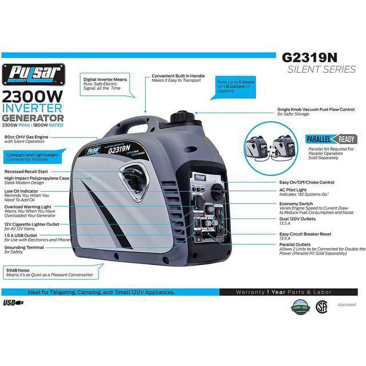 Pulsar 2300 Peak Watt Digital Inverter Generator With 80cc OHV Engine G2319N - Womvr