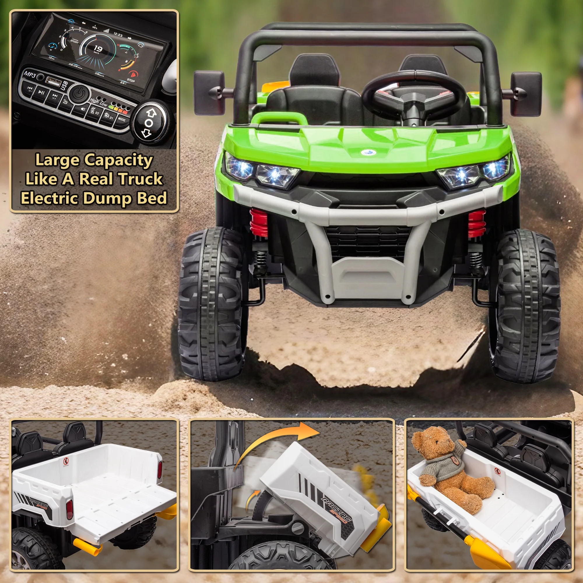 24V 2 Seater Ride on Toys, Ride On UTV with 2x200W Motor Ride On Dump Truck, Ride On Car with Dump Bed/Shovel, Electric Vehicle with Rubber Tires, LED Light, Music, Remote Control, Black - Womvr