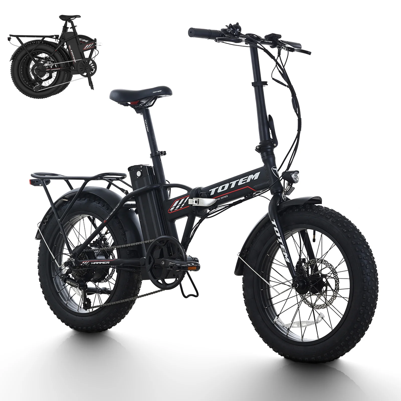 Totem Hammer Electric Bike for Adults, 20” x 4” Fat Tire Folding Ebike, 500W Powerful Motor Electric Folding Bike, 48V 10.4Ah Removable Battery, Shimano 7-SPEED Gears, Black - Womvr
