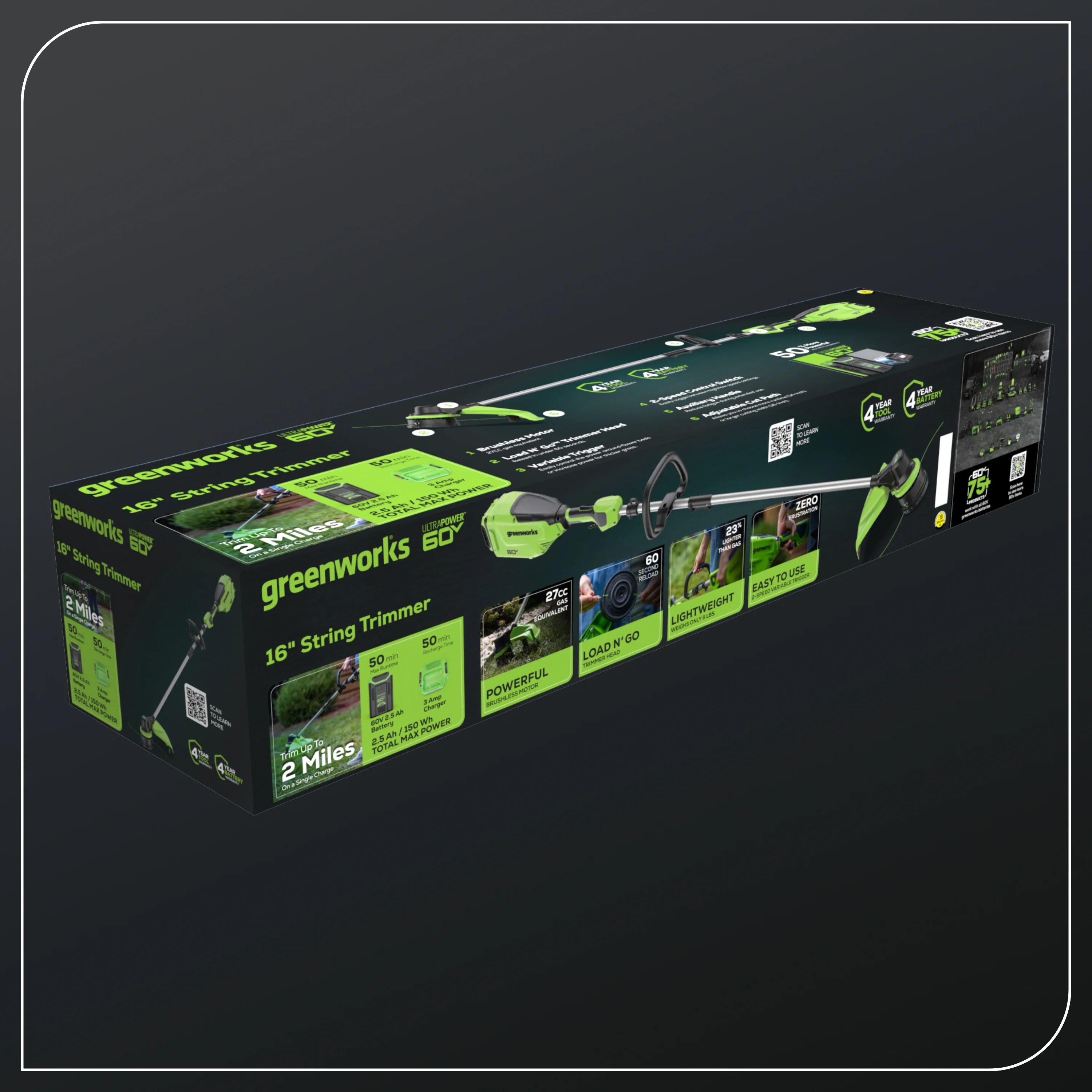 Greenworks 60V 16�� Front Mount String Trimmer + 2.5Ah Battery & 3A Charger 2134302 - Womvr