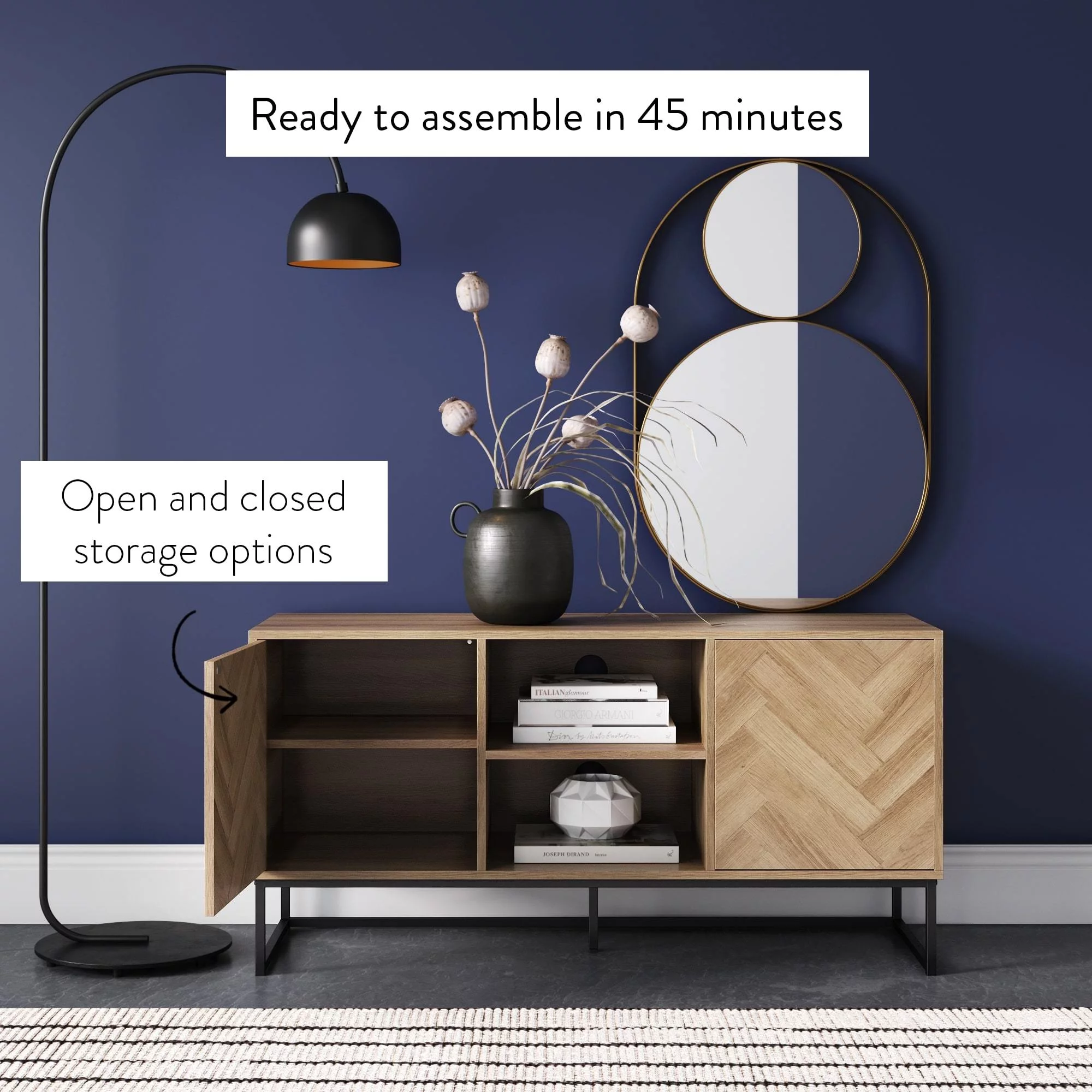 Nathan James Dylan Media Console Cabinet TV Stand with Hidden Storage Herringbone Pattern Wood Metal, Gray/Black - Womvr