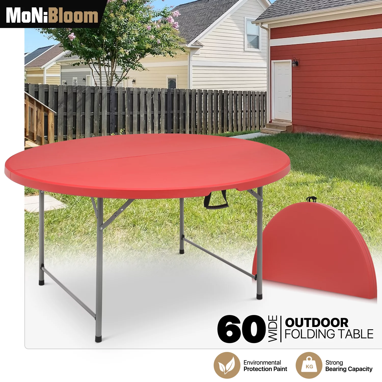 MoNiBloom 5 foot Round Bi-Fold Plastic Table, Metal Frame Indoor Outdoor 60 Inch Foldable Desk for Kitchen Party Wedding, Grey - Womvr