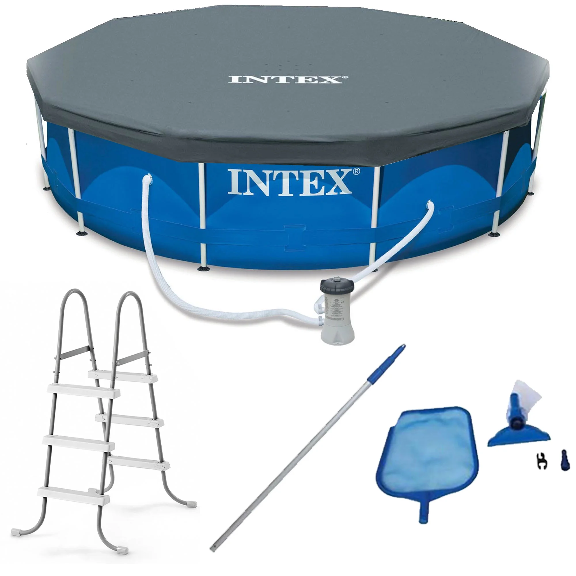 Intex 12 x 2.5 Foot Metal Frame Above Ground Pool with Filter and Accessories - Womvr