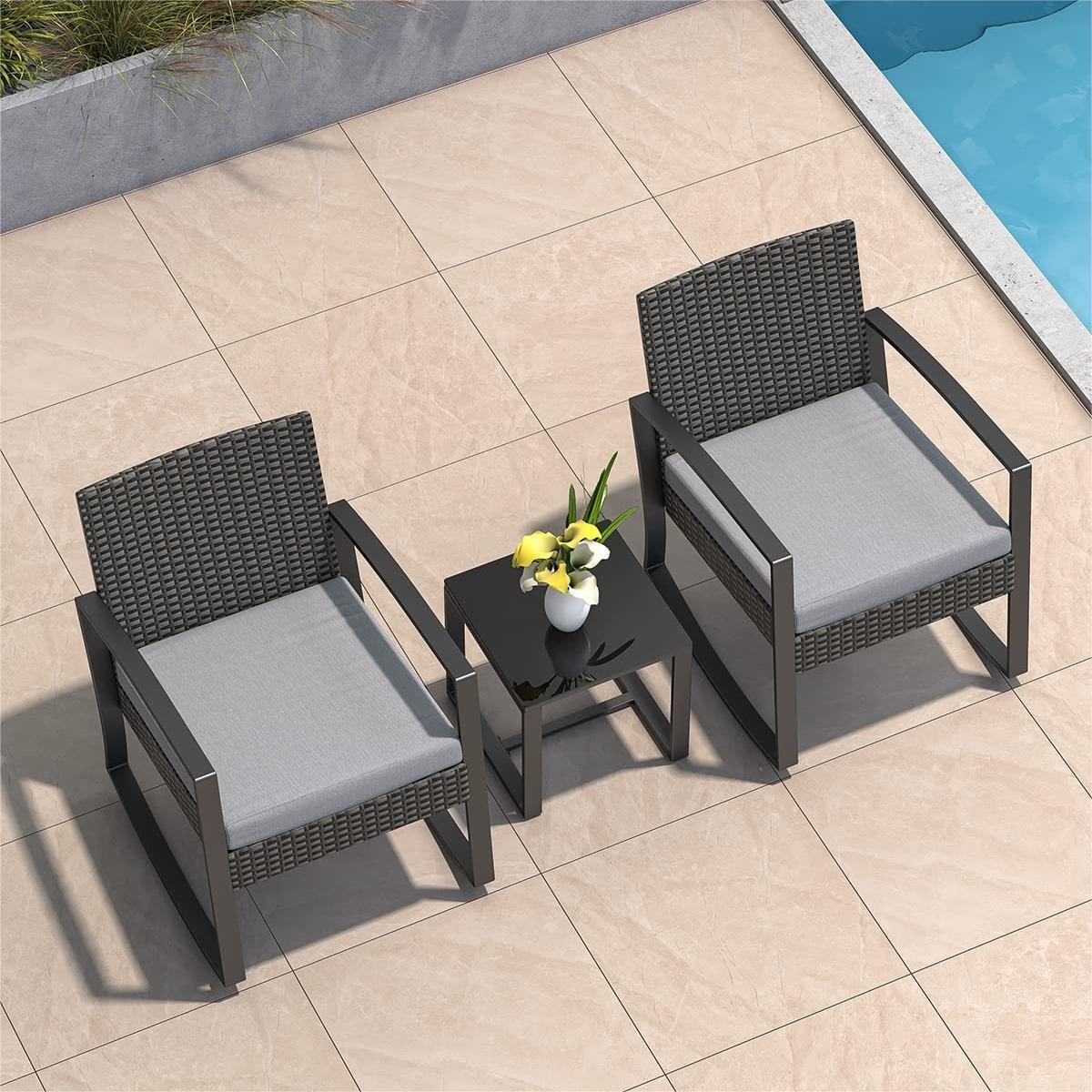 Lofka 3-Piece Patio Wicker Chairs Set with Glass Coffee Table, Outdoor Balcony Furniture Set with Blue Cushion - Womvr