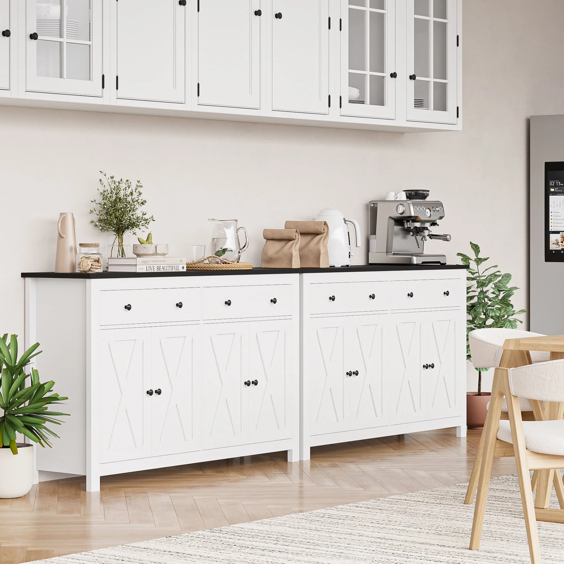 Homfa 4-Doors 2-Drawers Farmhouse Storage Cabinet, Wood Sideboard with Adjustable Shelves for Kitchen Dining Room, White - Womvr