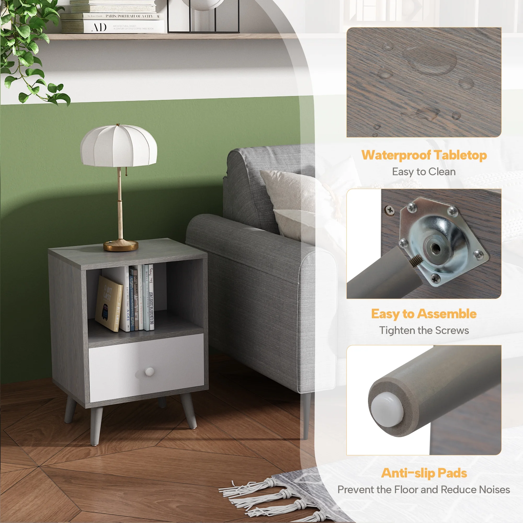 JAXPETY Nightstands Set of 2, Night Stand with 1 Drawer and Open Shelf Storage, End Table, Side Table, for Bedroom, Living Room, Natural Wood & White - Womvr