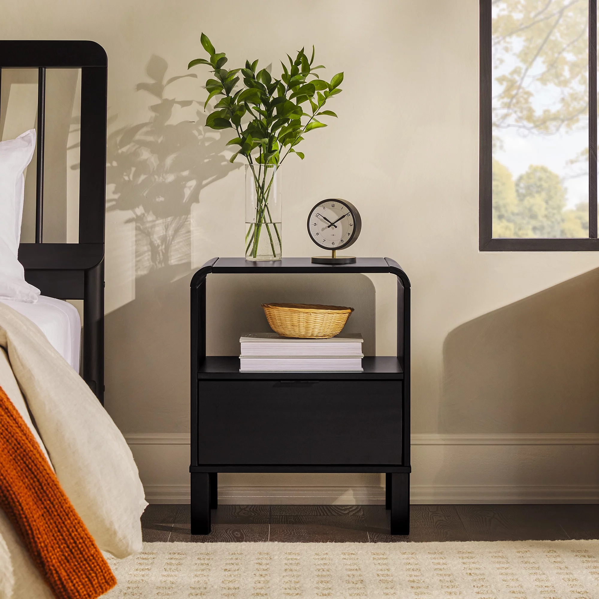 Walker Edison Modern Curved-Frame Solid Wood Nightstand, Brown - Womvr