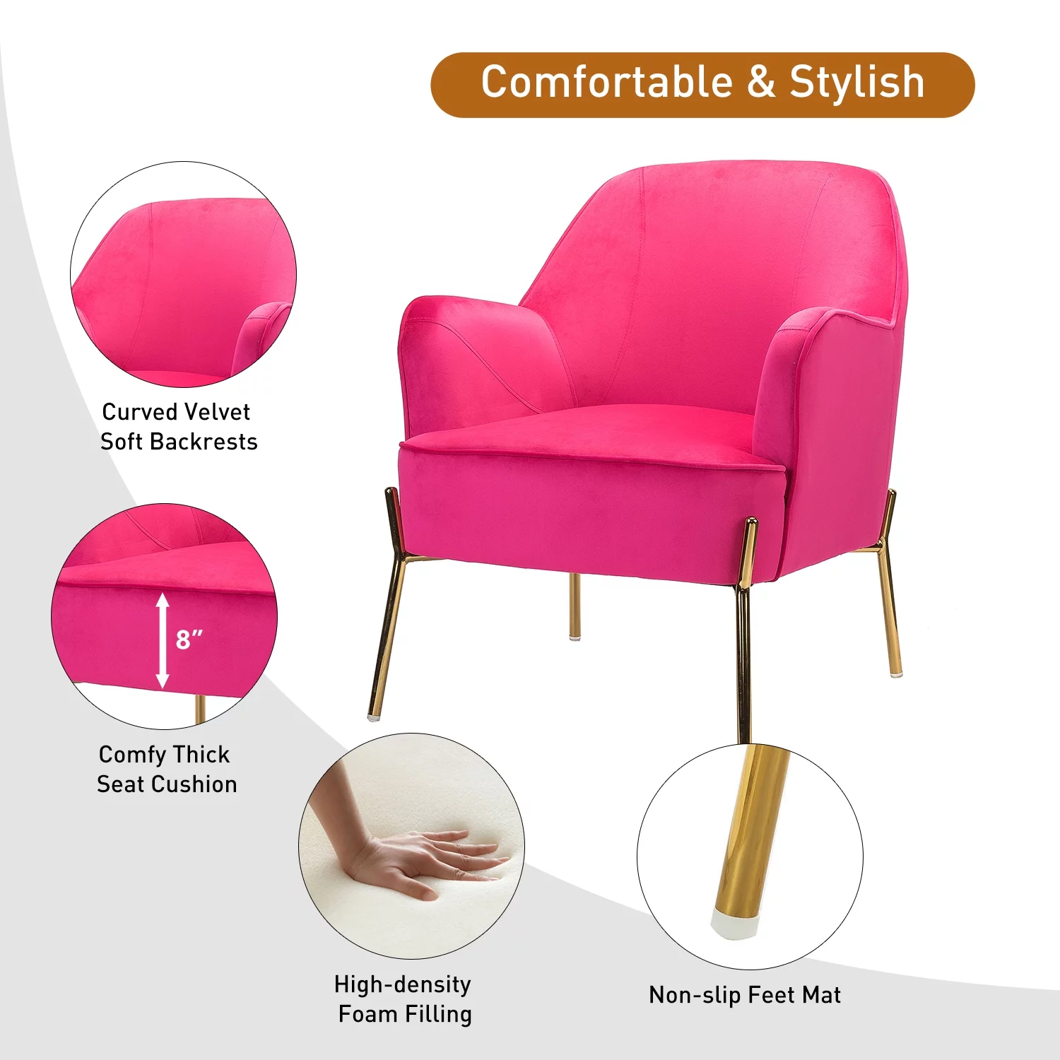 Velvet Upholstered Accent Chair Metal Legs Curved Backrest Lounge Home Armchair Bedroom Adult Pink - Womvr