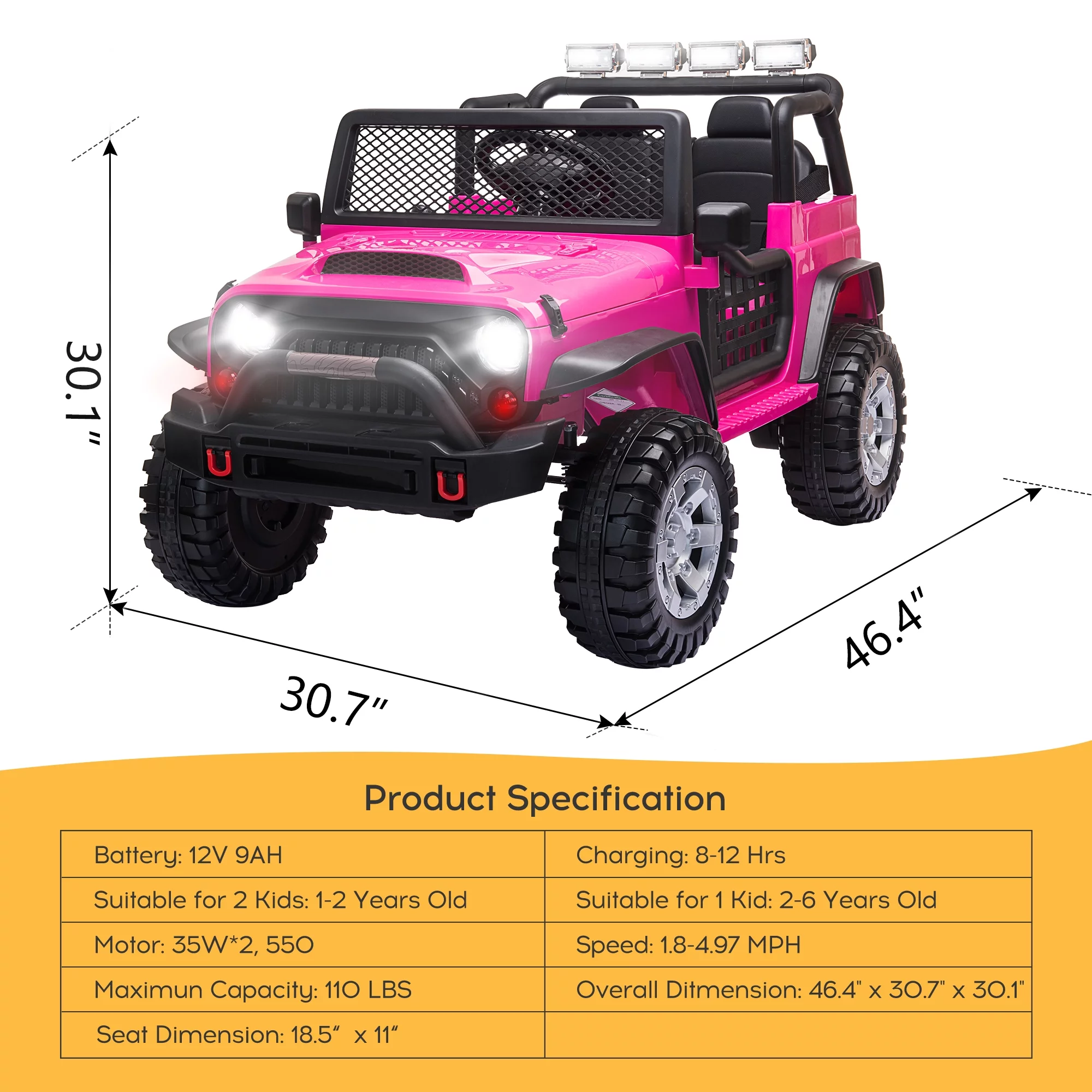 2 Seater Kids Ride on Truck with Remote Control, Music, 12V Children Electric Jeep Car - Womvr