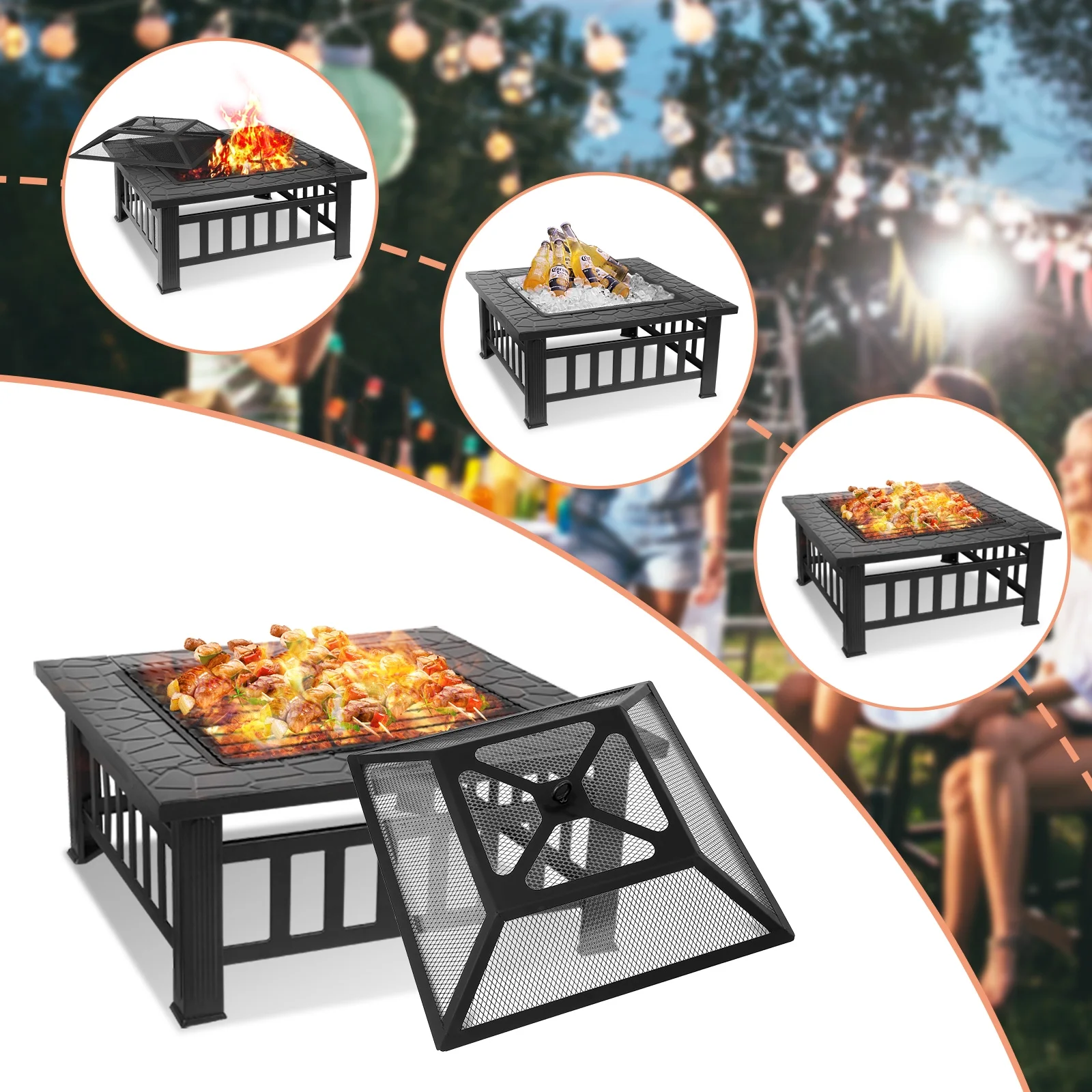 LAZY BUDDY Steel Fire Pits for Outside, 32'' Square Wood Burning Fire Pit Table, Outdoor Patio BBQ Firepit Bonfire Party - Womvr