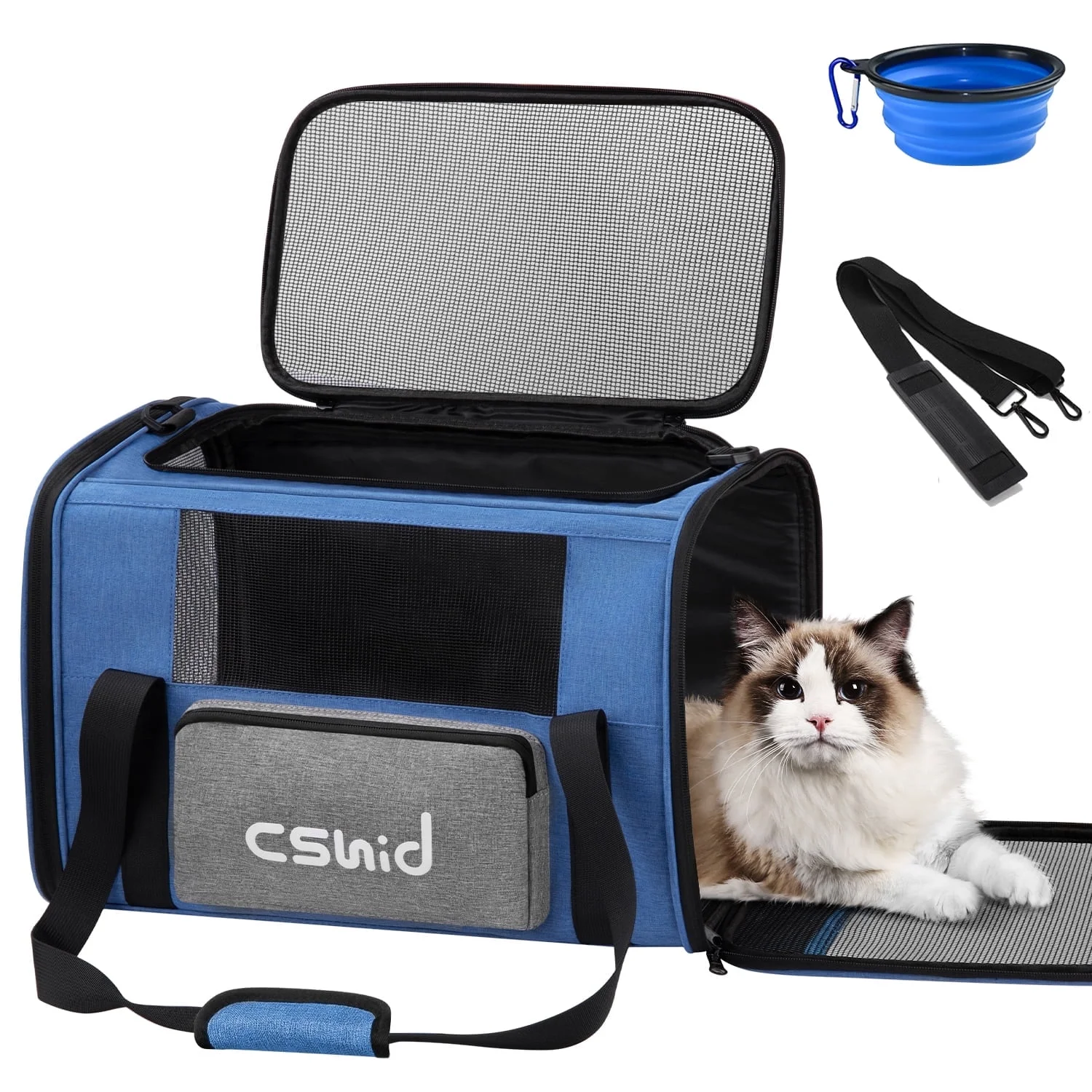 Cat Carrier, Soft Sided Cat Carriers for Large Small Medium Dogs Cats Under 25lbs, Foldable Pet Travel Carrier with a Bowl/Washable Pad, TSA Airline Approved, Blue - Womvr
