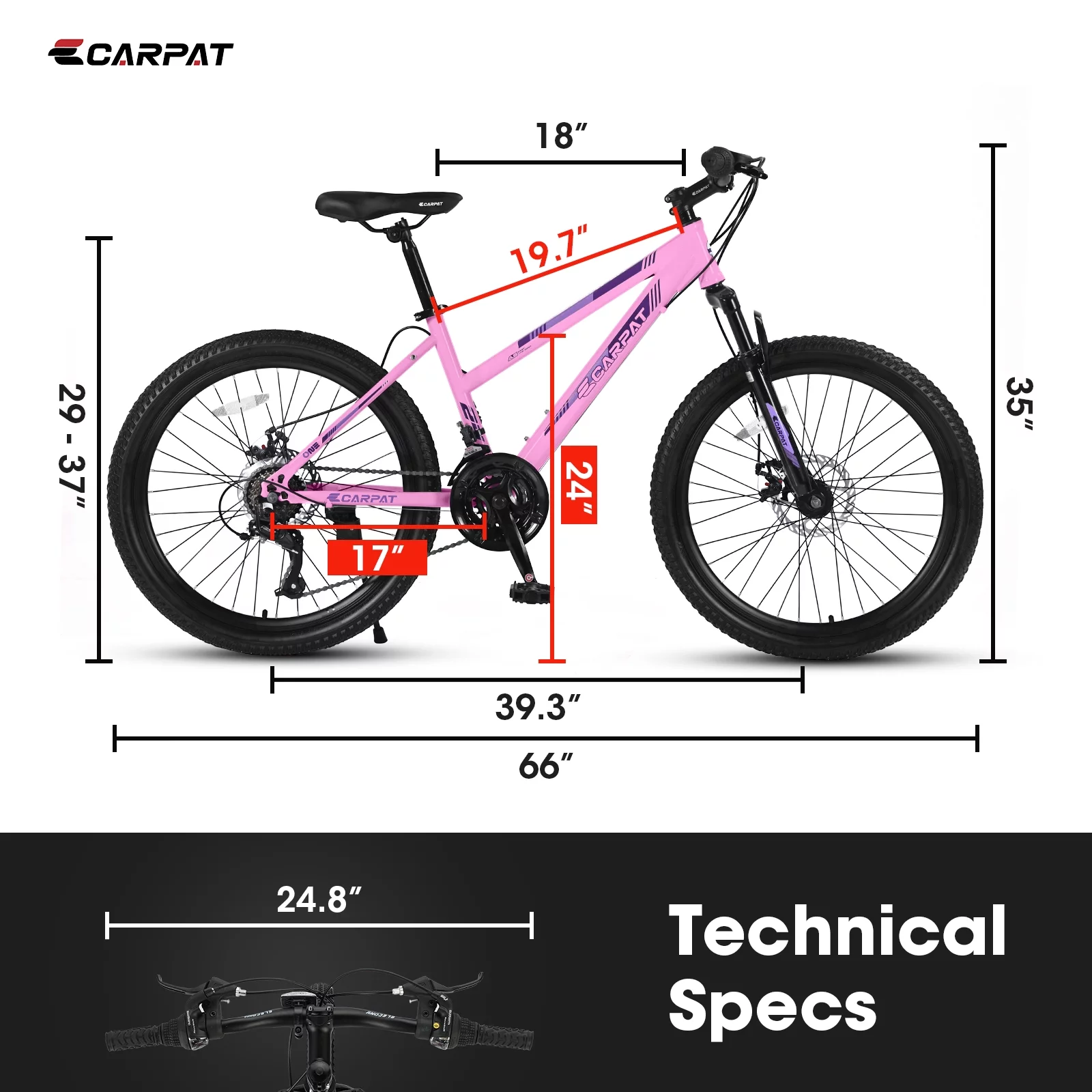 24 inch Mountain Bike for Girls, Shimano 21 Speeds Gear Bike with Dual Disc Brakes and 100mm Front Suspension, Pink - Womvr