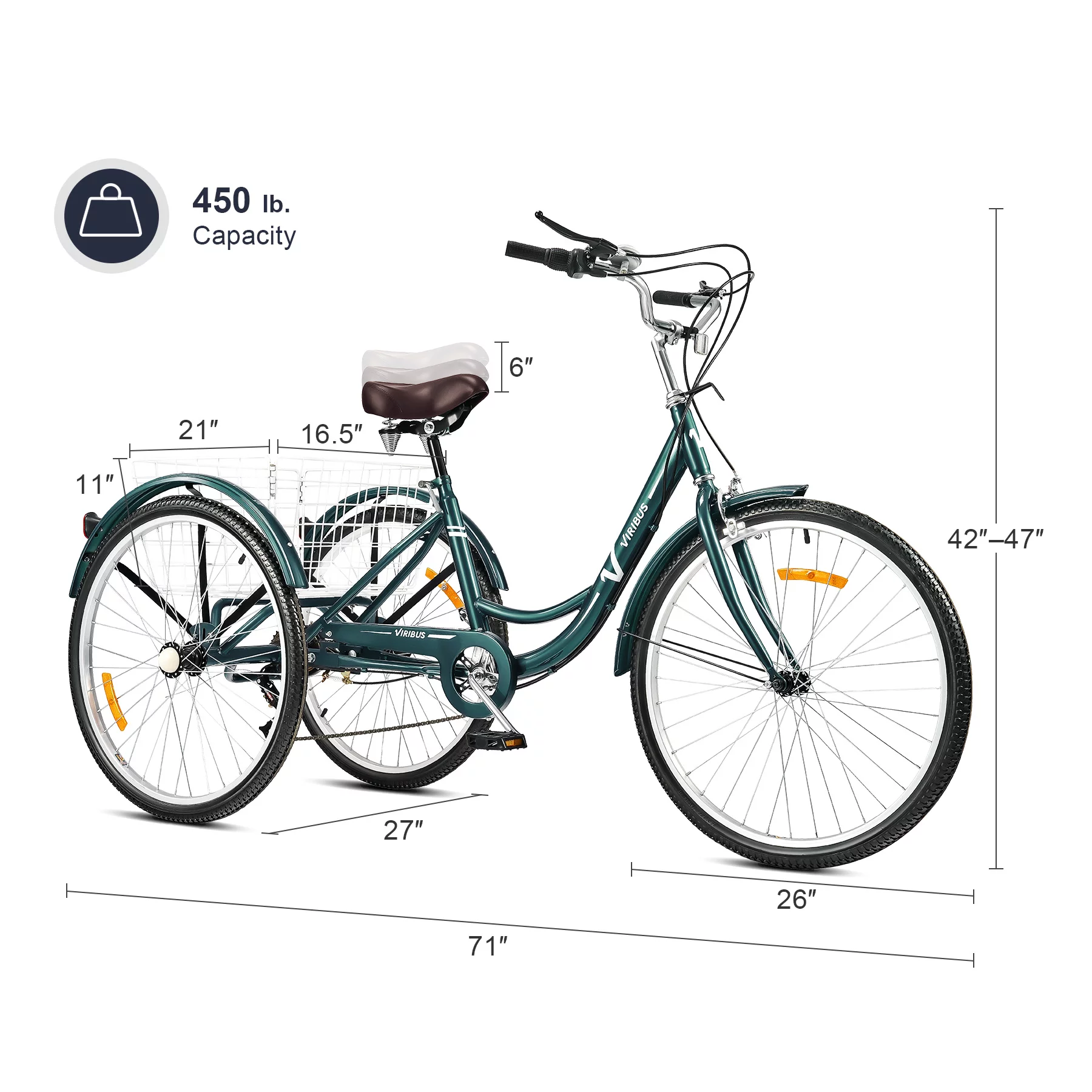 VIRIBUS 26 Inch Adult Tricycle 3 Wheel Bike with 7 Speeds & Basket for Men Women, Black - Womvr