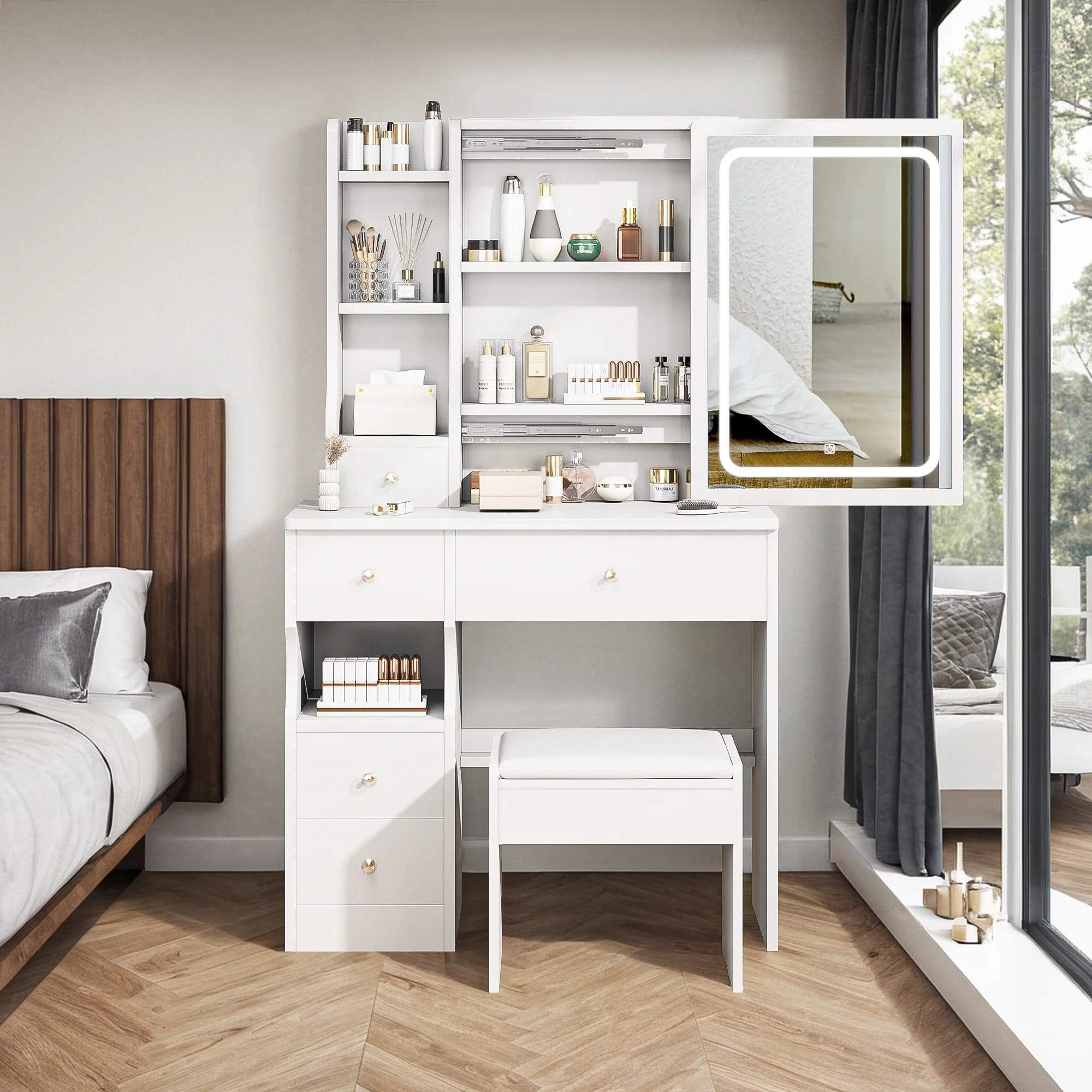 Kadyn Vanity Table with Large Sliding Lighted Mirror, Dressing Table with 2 Drawers, Storage Shelves and Upholstered Stool, White - Womvr