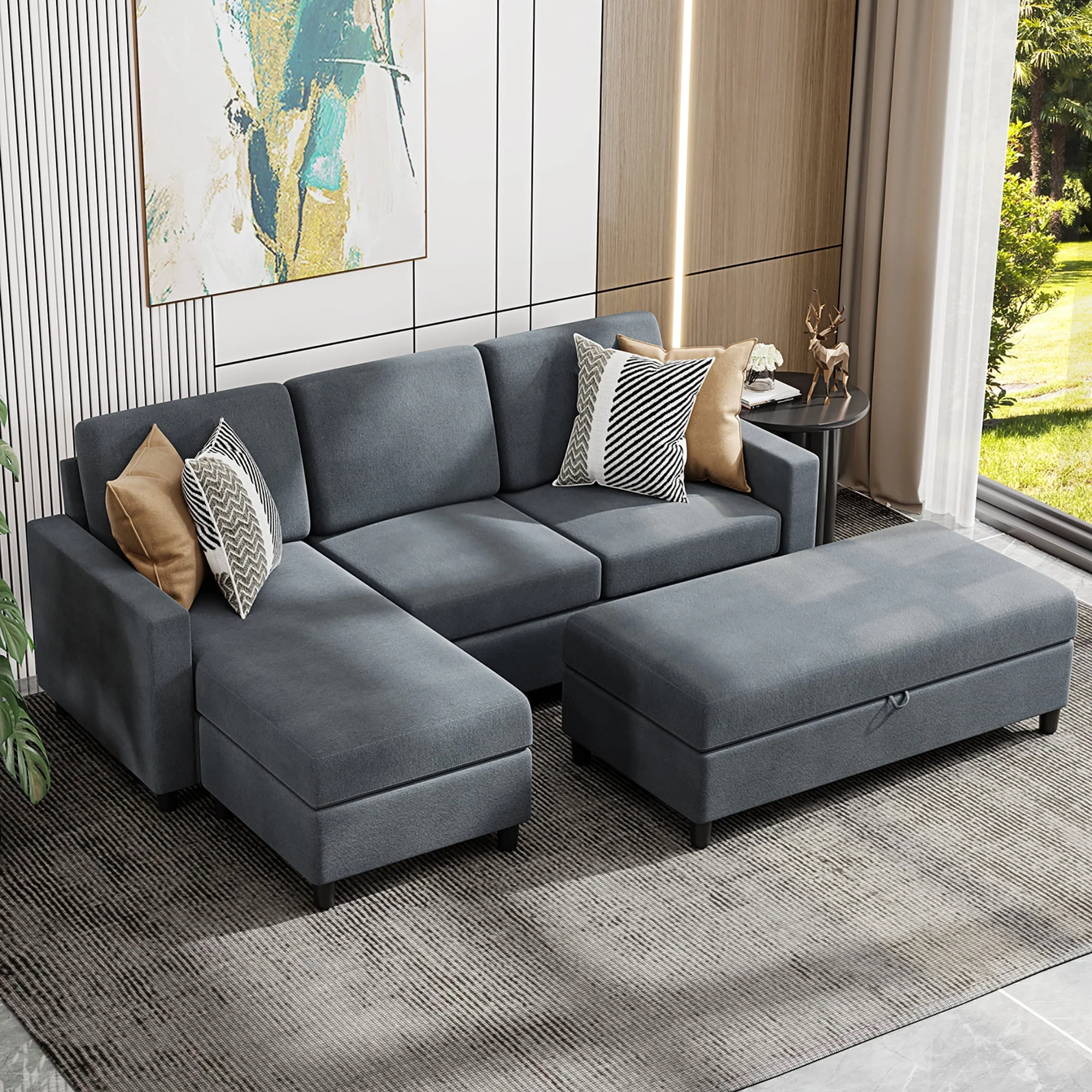 Walsunny Convertible Sectional L-Shaped Sofa with Modern Linen Fabric(Grayish Black) - Womvr
