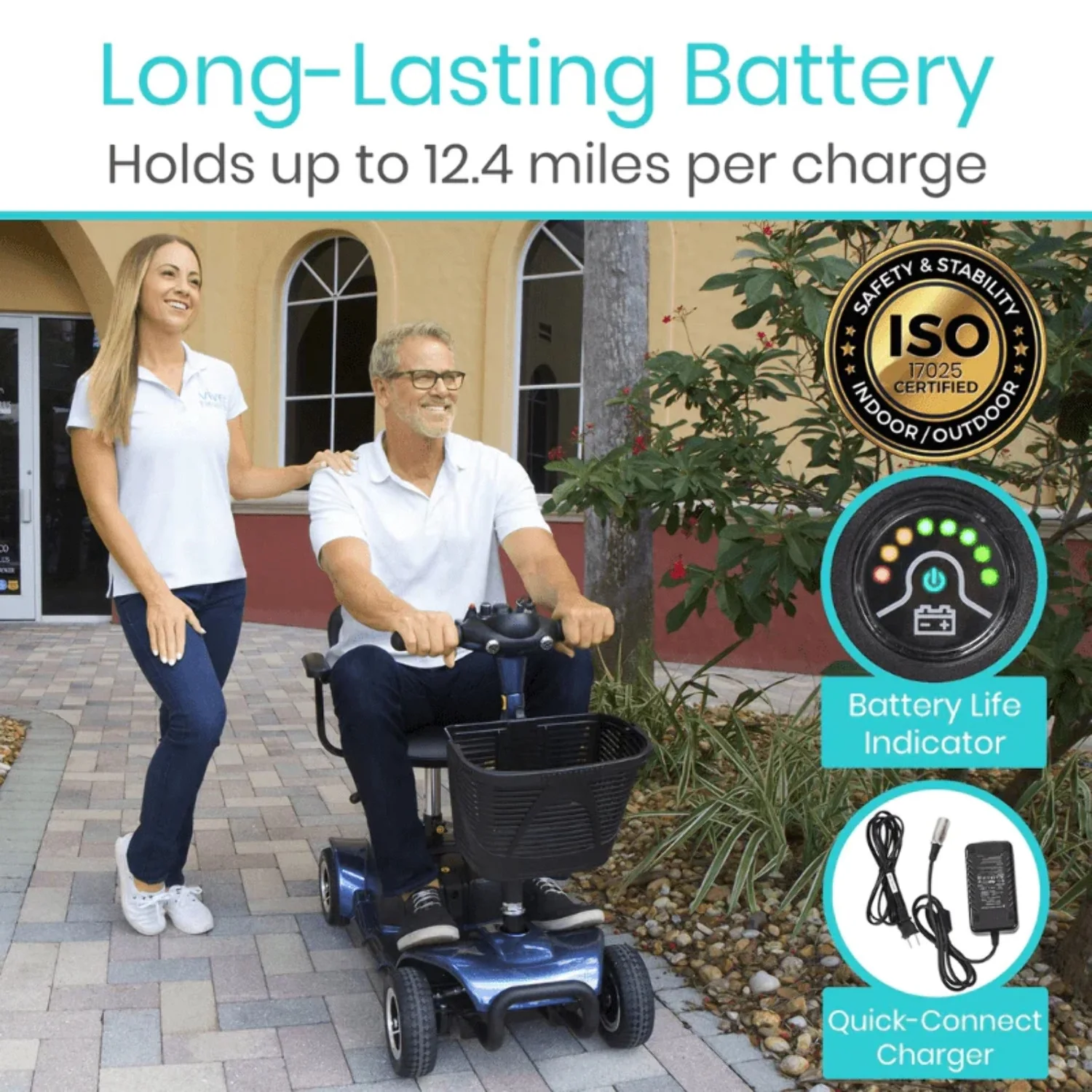 Vive 4 Wheel Battery Powered Mobility Scooter - Electric Transport Chair- Compact Heavy Duty Mobile for Travel, Adults, Elderly with Basket and Charger Included - Womvr