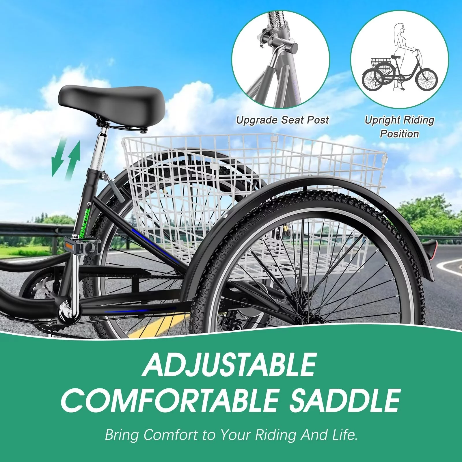 MOPHOTO Adult Tricycle 20/24/26 inch 3 Wheel Bicycle,3 Wheel Bikes for Adults,7 Speed Low Stepover Frame Tricycle with Basket/Bell,3 Wheel Bicycle for Seniors,Women,Men - Womvr