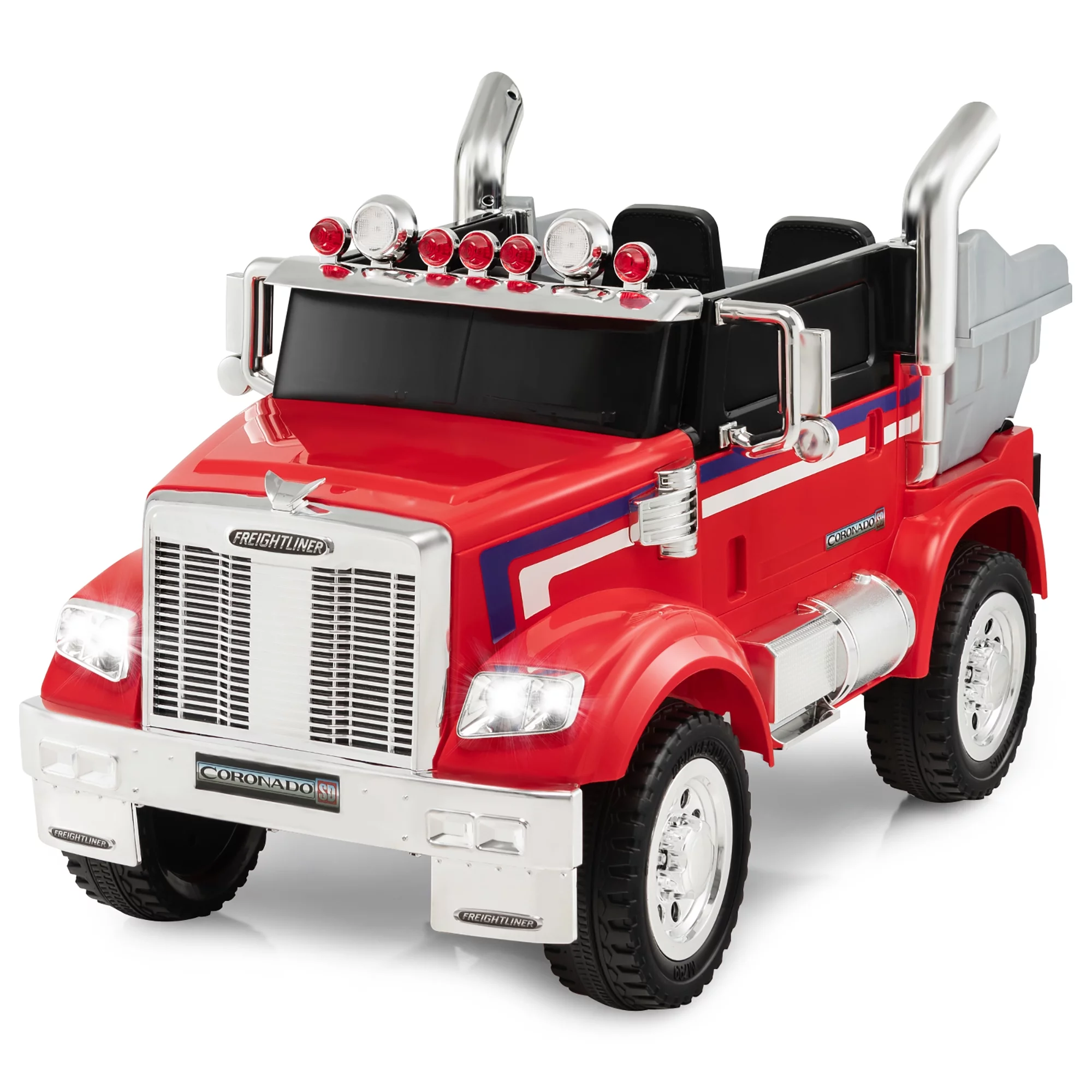 Costway 12V Licensed Freightliner Kids Ride On Truck Car RC w/ Dump Box & Lights Red - Womvr