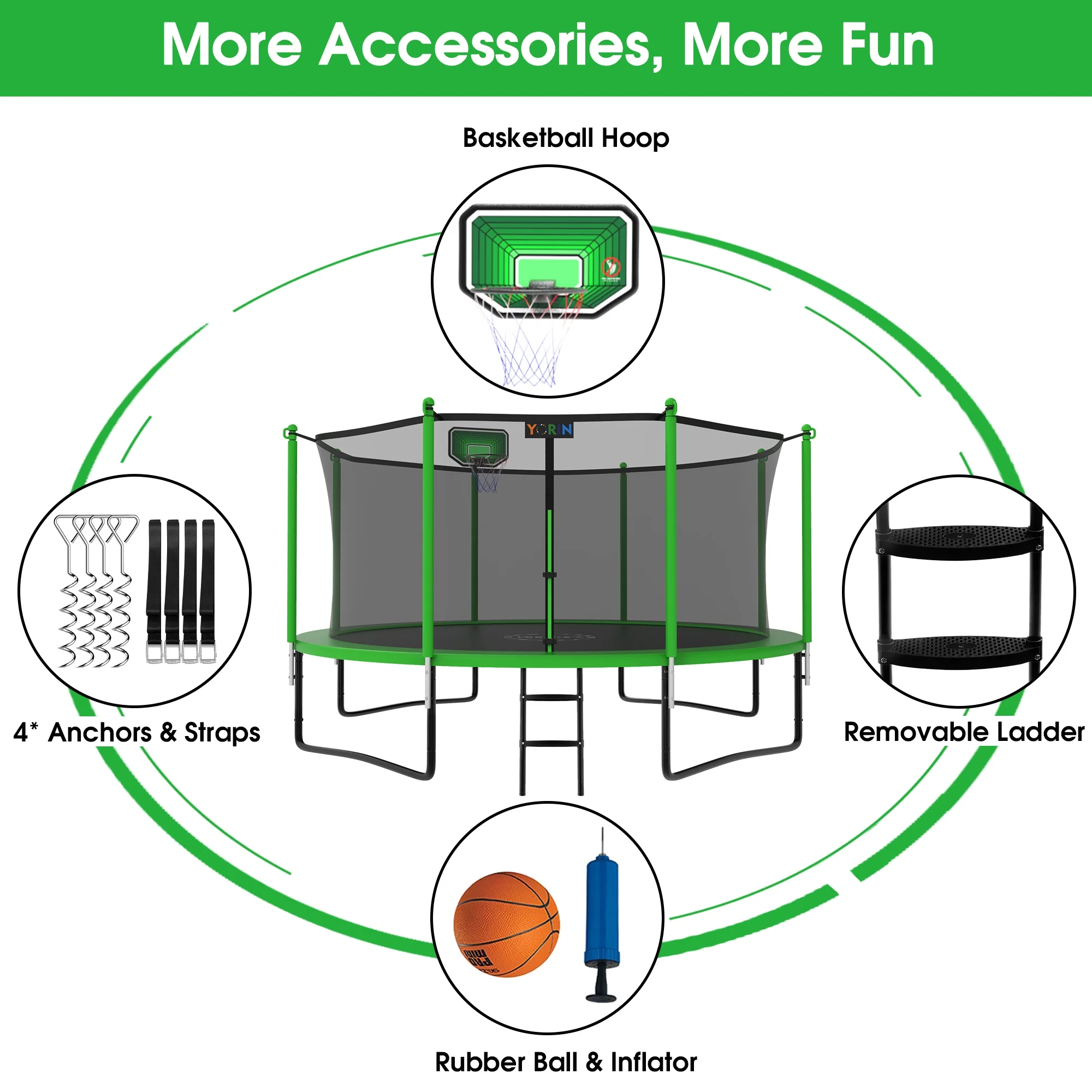 YORIN 1200LBS 12FT 14FT 15FT Trampoline for Kids Adults, Trampoline with Safety Enclosure Net, Basketball Hoop and Ladder, Outdoor Heavy-Duty Trampoline - Womvr
