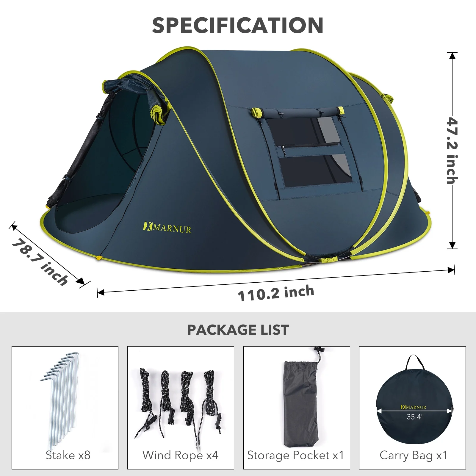 MARNUR Instant Tent 4-Person Camp Tent, Auto Setup Pop Up Tent, Waterproof, Huge Door & Windows, Dark Blue - Womvr