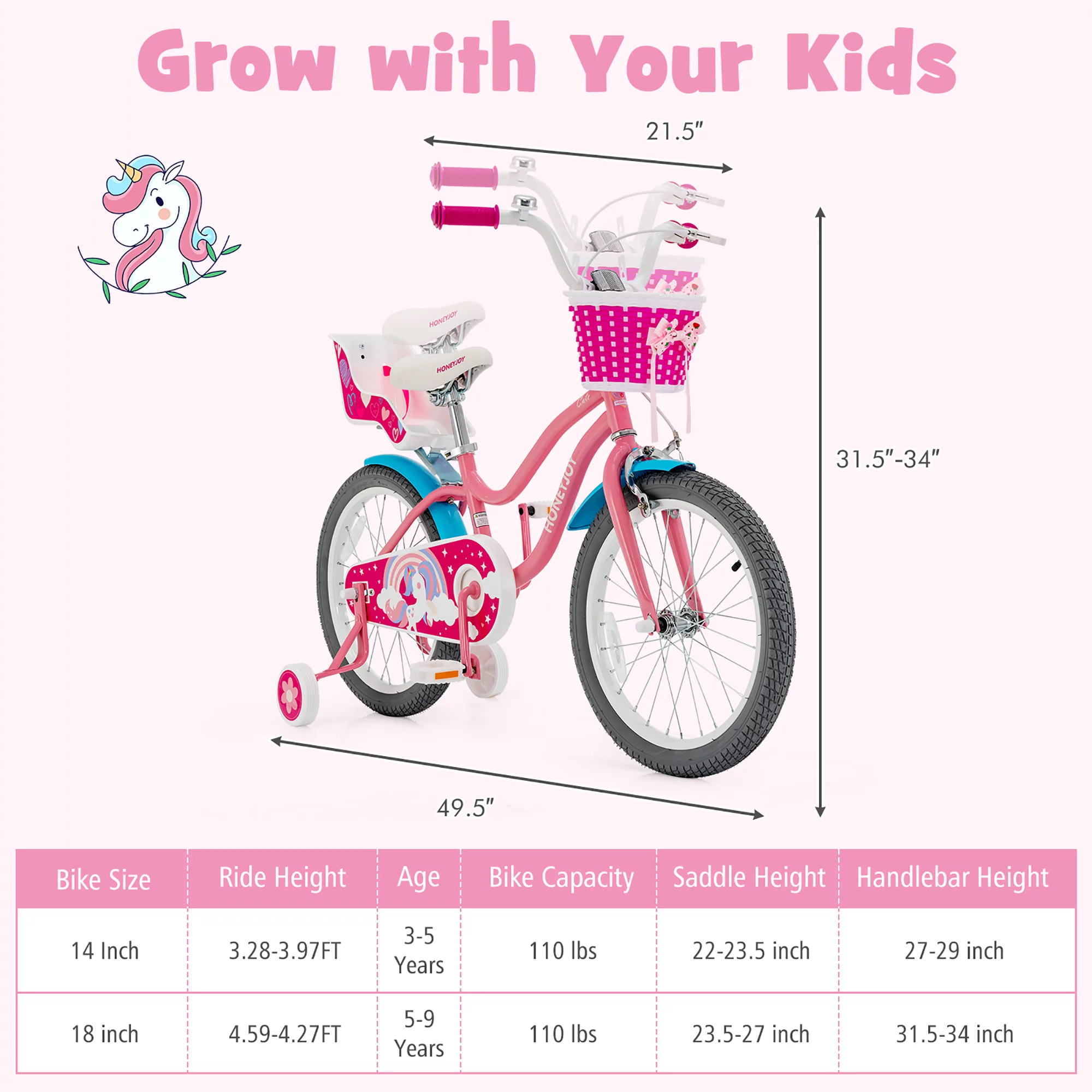 Honeyjoy 18 Inches Kids Bicycle with Training Wheels & Basket for Boys & Girls Age 5-9 Years - Womvr