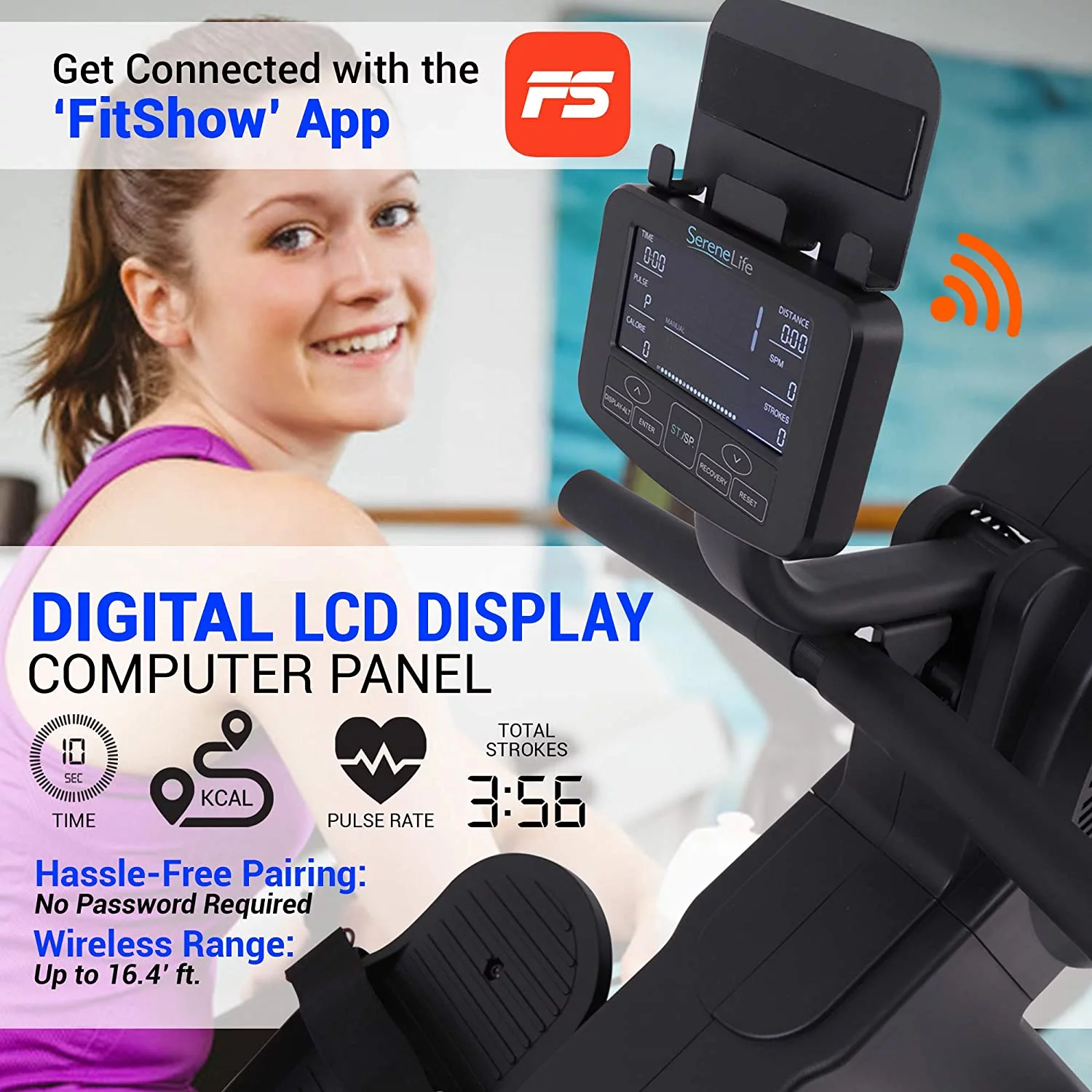 SereneLife Smart Rowing Machine W/ Smartphone Fitness Monitoring App-Row Machine, (Black) - Womvr