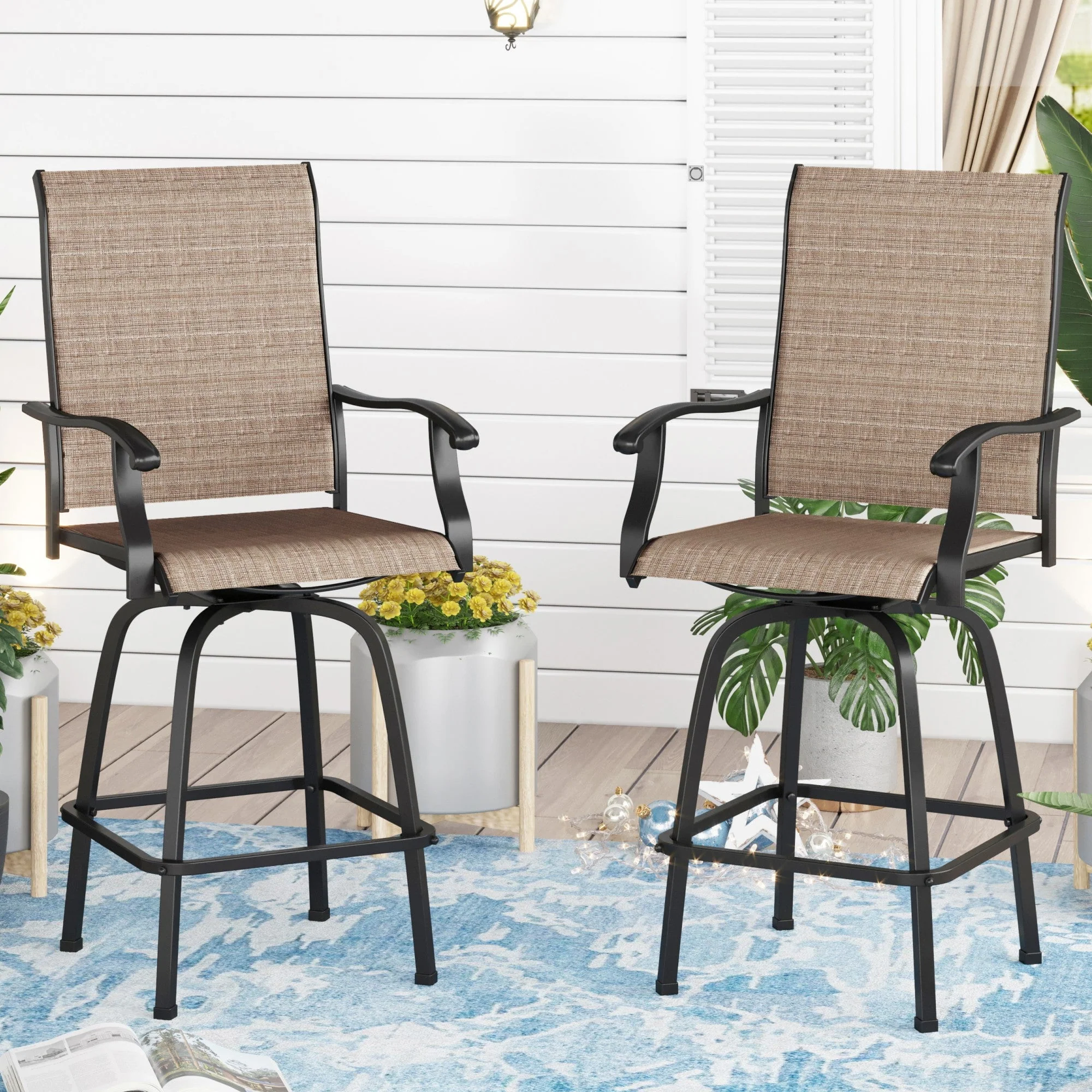 Sophia & William 2 Pcs Outdoor Swivel Metal Bar Stools Patio Height Textilene Chairs in Brown - Womvr