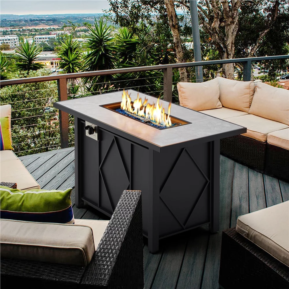 Alden Design 43in Propane Fire Pit Table with Ceramic Tabletop & Steel Base, Black - Womvr