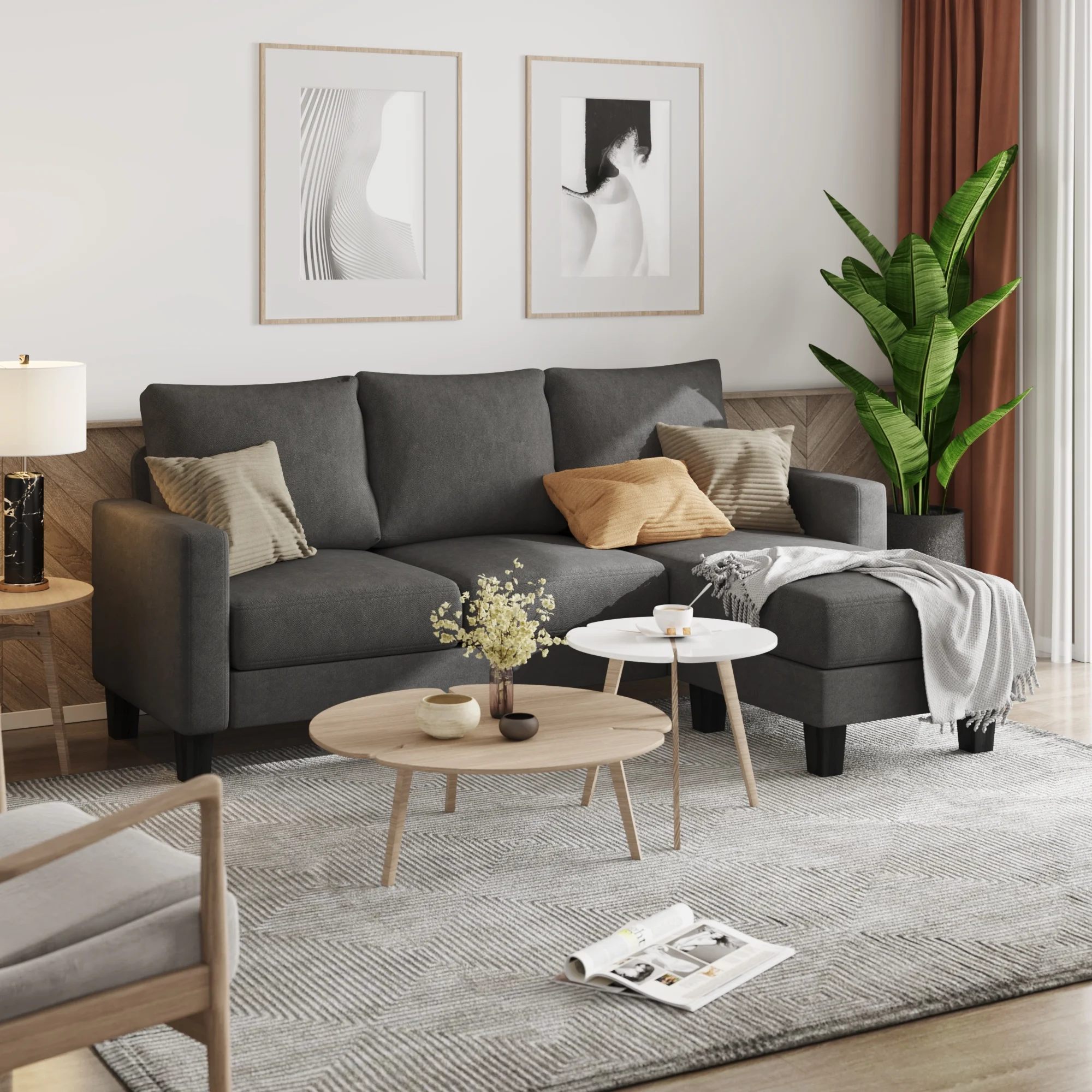 Homall Convertible Sectional Sofa Couch, Modern Linen Fabric L-Shaped Couch 3-Seat Sofa Sectional with Reversible Chaise for Small Living Room, Apartment and Small Space, Dark Gray - Womvr