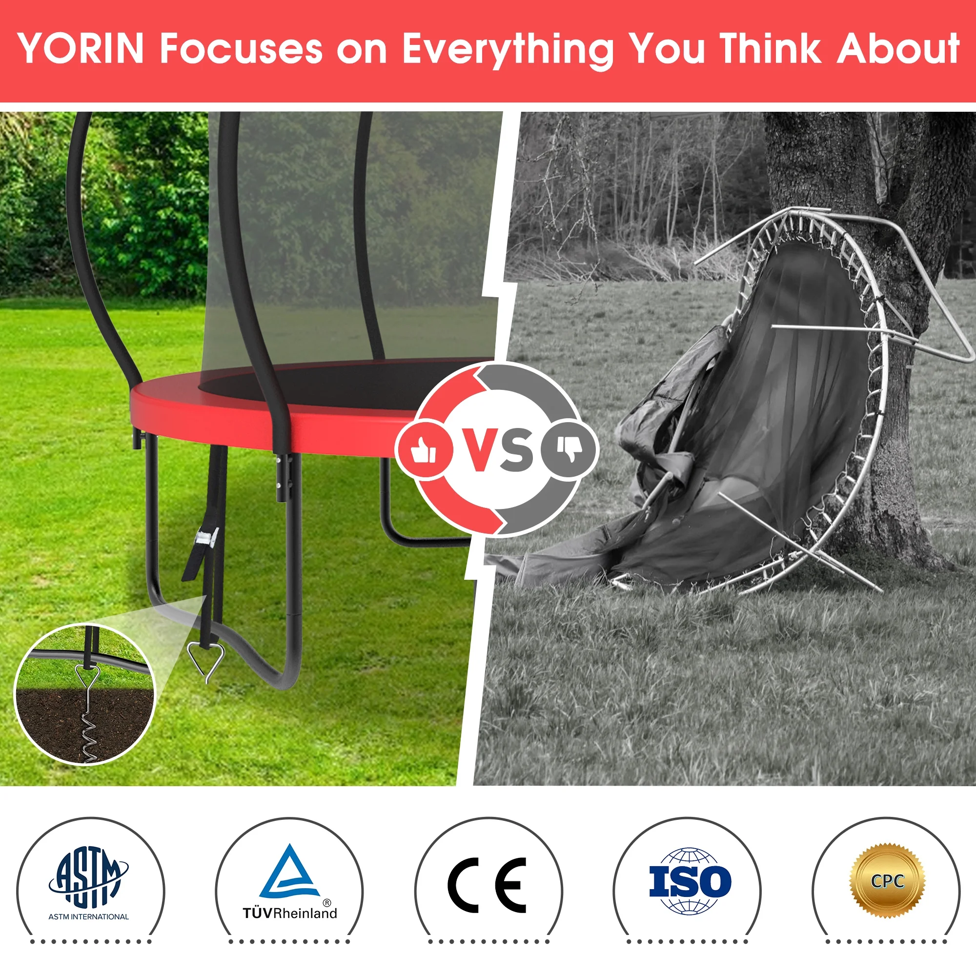 YORIN Trampoline for 2-3 Kids, 8FT 10FT Trampoline for Adults with Enclosure Net, Basketball Hoop, Ladder, 800LBS Outdoor Recreational Trampoline with Light, Sprinkler, Socks, Heavy Duty Trampoline - Womvr