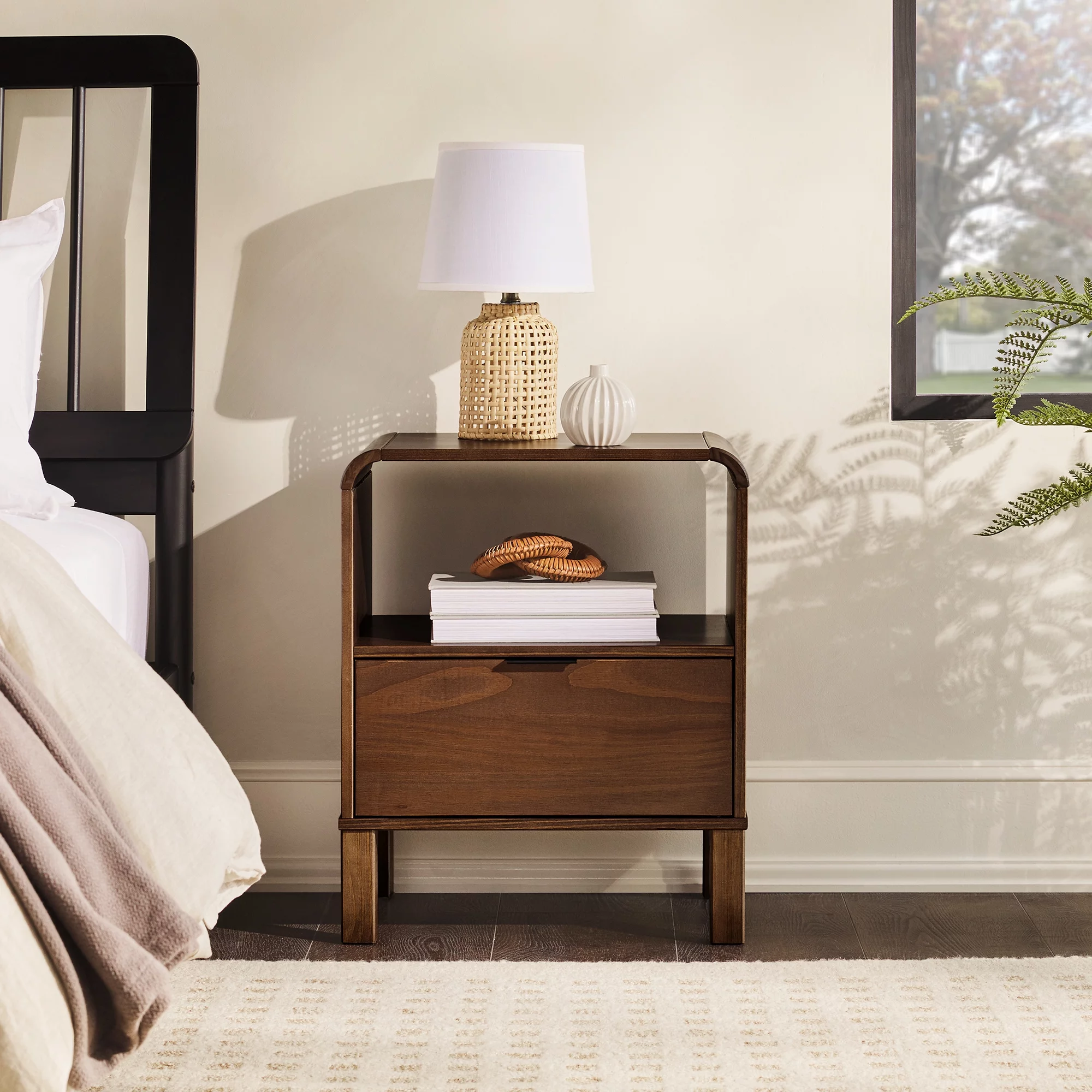Walker Edison Modern Curved-Frame Solid Wood Nightstand, Brown - Womvr