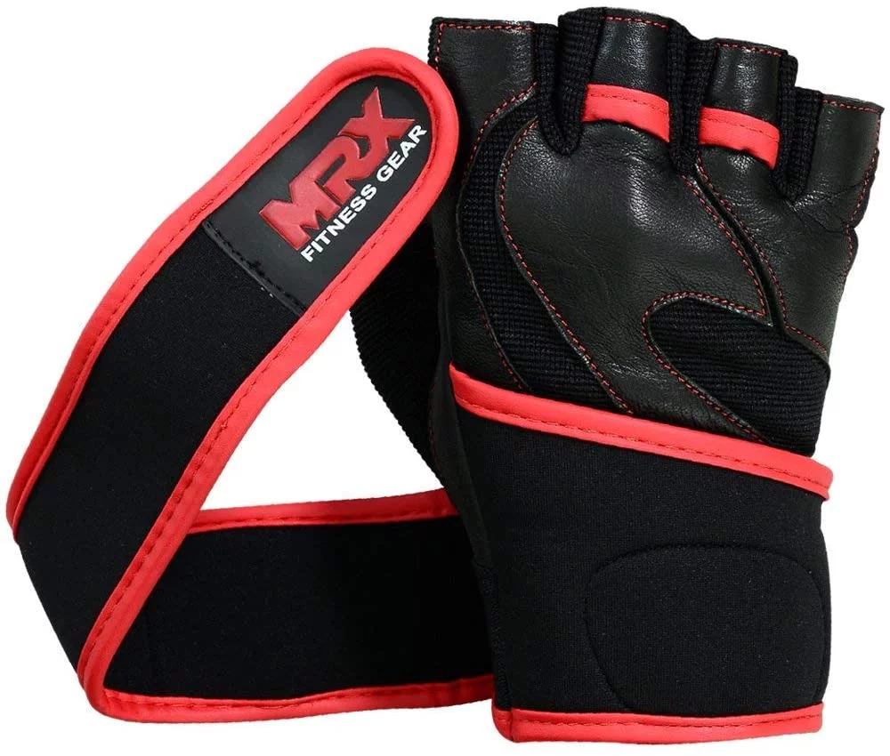 MRX Weight Lifting Gloves Gym Power Training Fitness Bodybuilding Glove Long Wrist Strap Black / Red M - Womvr
