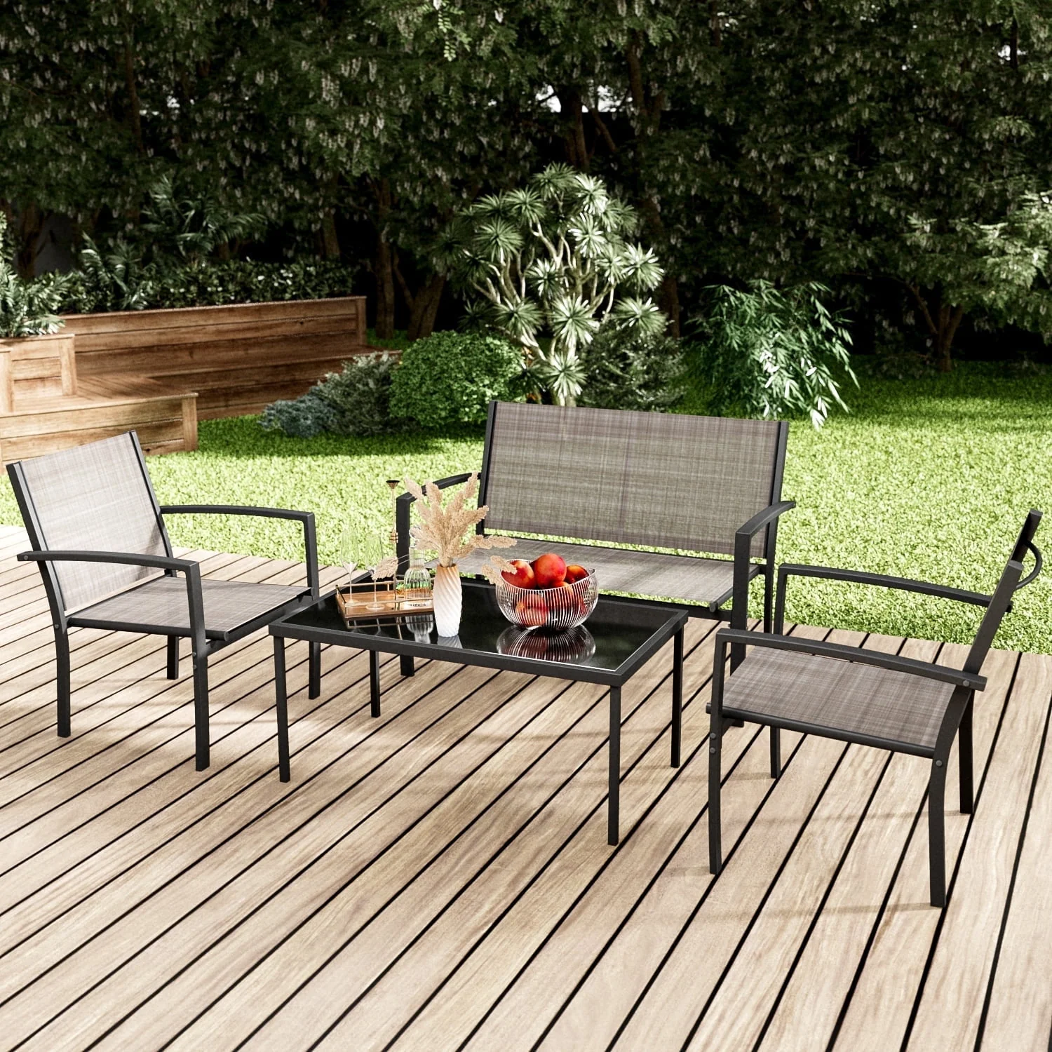 LACOO 4 Pieces Outdoor Furniture Set Patio Textilene Steel Conversation Set with Loveseat Tea Table for Lawn and Balcony, Black - Womvr