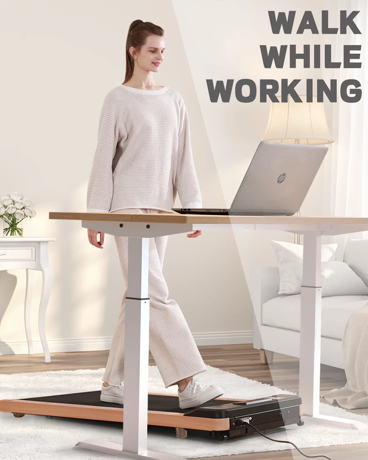 Maksone 2.25HP Installation-Free Under Desk Natural Wood Treadmill with Remote Control - Womvr