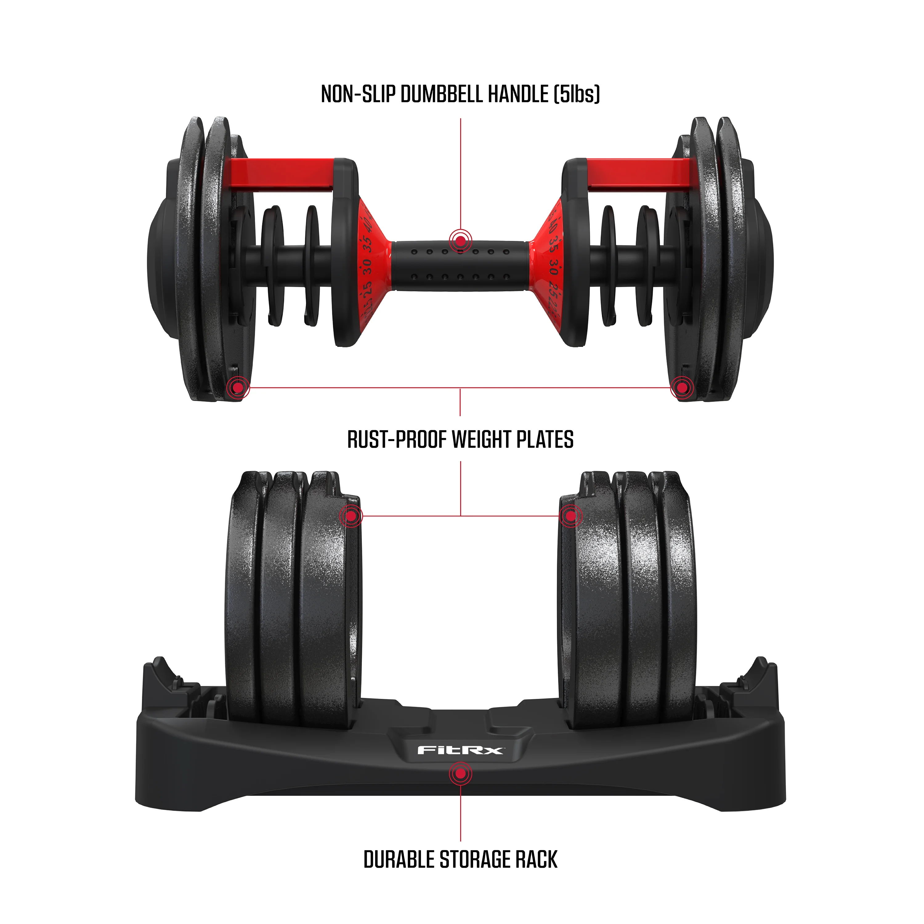 FitRx SmartBell, Quick-Select Adjustable Dumbbell, 5-52.5 lbs. Weight, Black, Single - Womvr