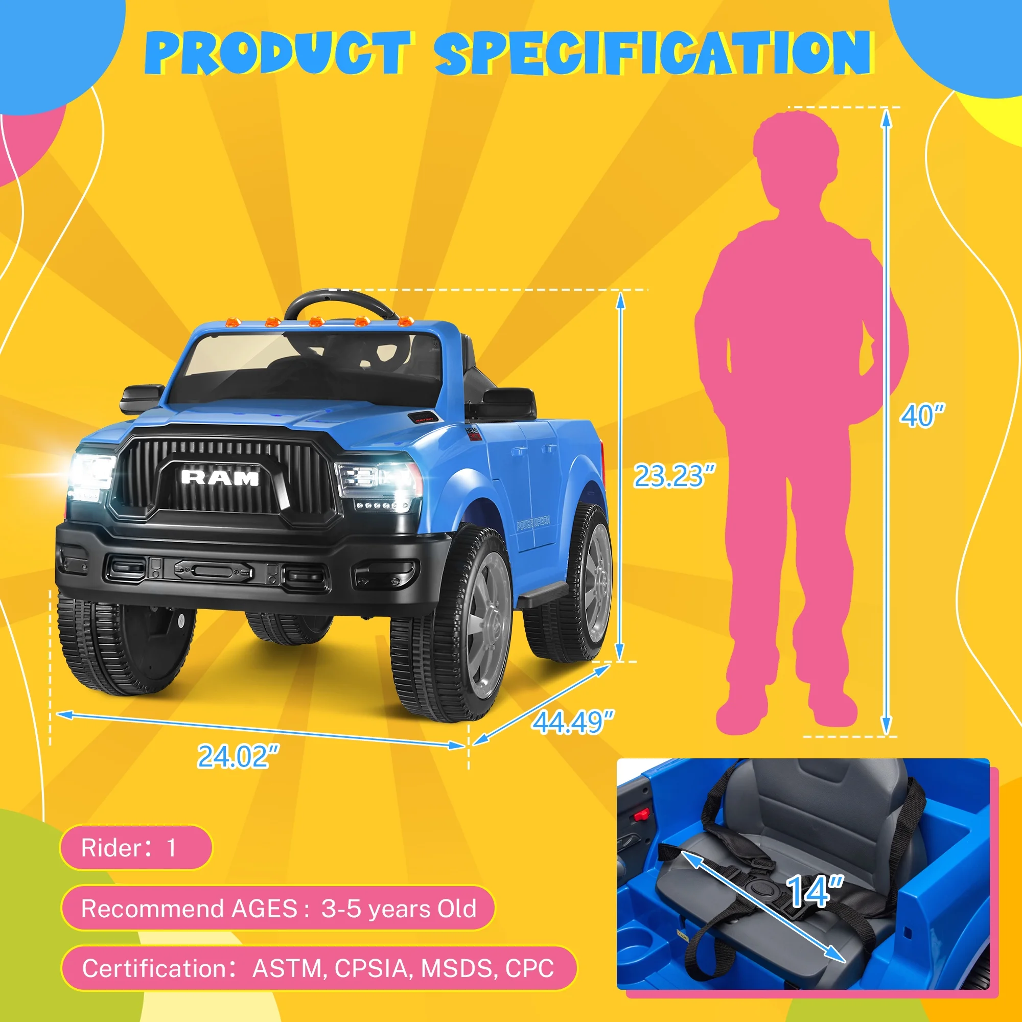 Dodge Ram Ride On Car for Kids, 12V Powered Ride On Truck Cars with Parents Remote Control,Dodge Electric Ride On Car for Boys Girls 3-5, Red - Womvr