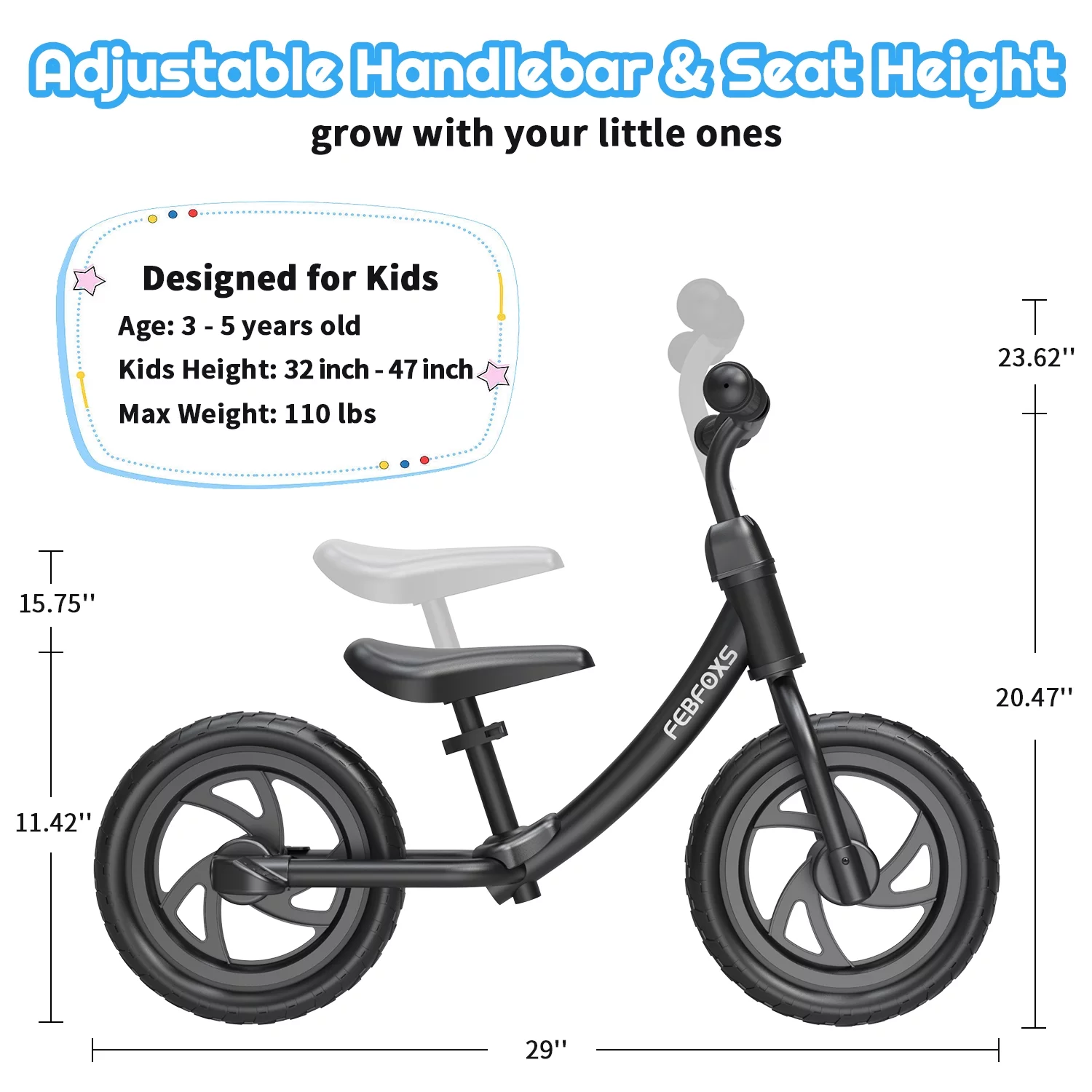 FEBFOXS Toddler Balance Bike, No Pedal Beginner Kids Balance Bike with Adjustable Seat Height, Push Balance Bike for 3-6 Years Old Boys Girls - Womvr