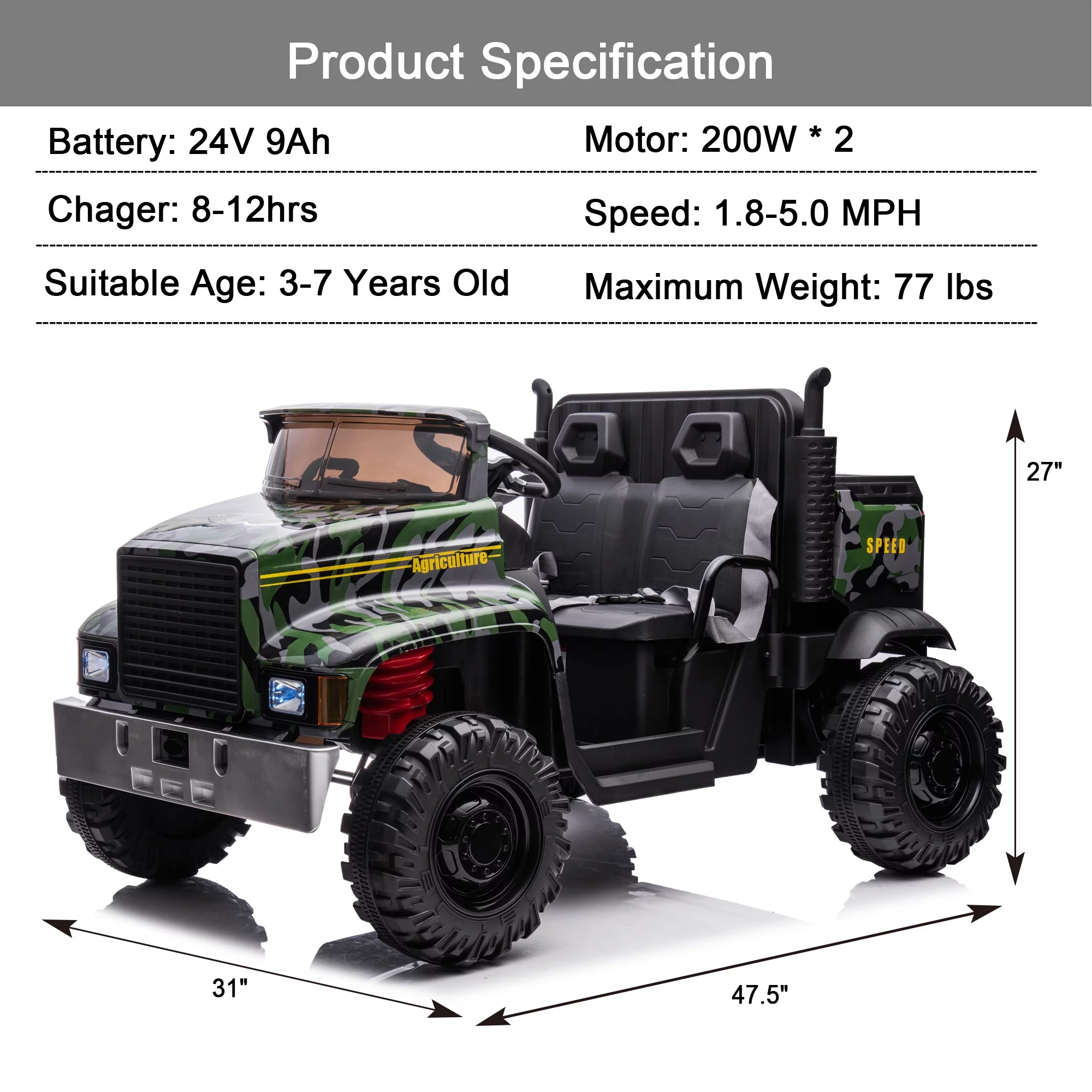 Hikiddo JC222 24V Ride on Toy, Kids Ride On Dump Truck 2 Seater with Remote - Womvr