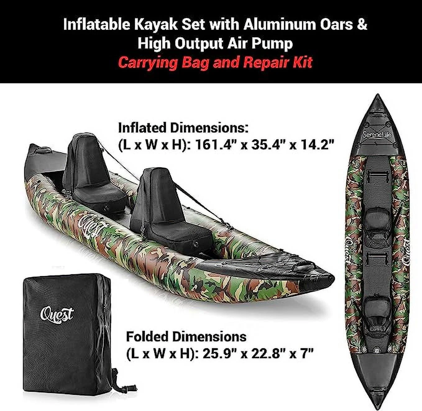 SereneLife 2 Person Inflatable Kayak Double Kayak W/ Aluminum Paddles, Repair Kit Lightweight, Camo - Womvr