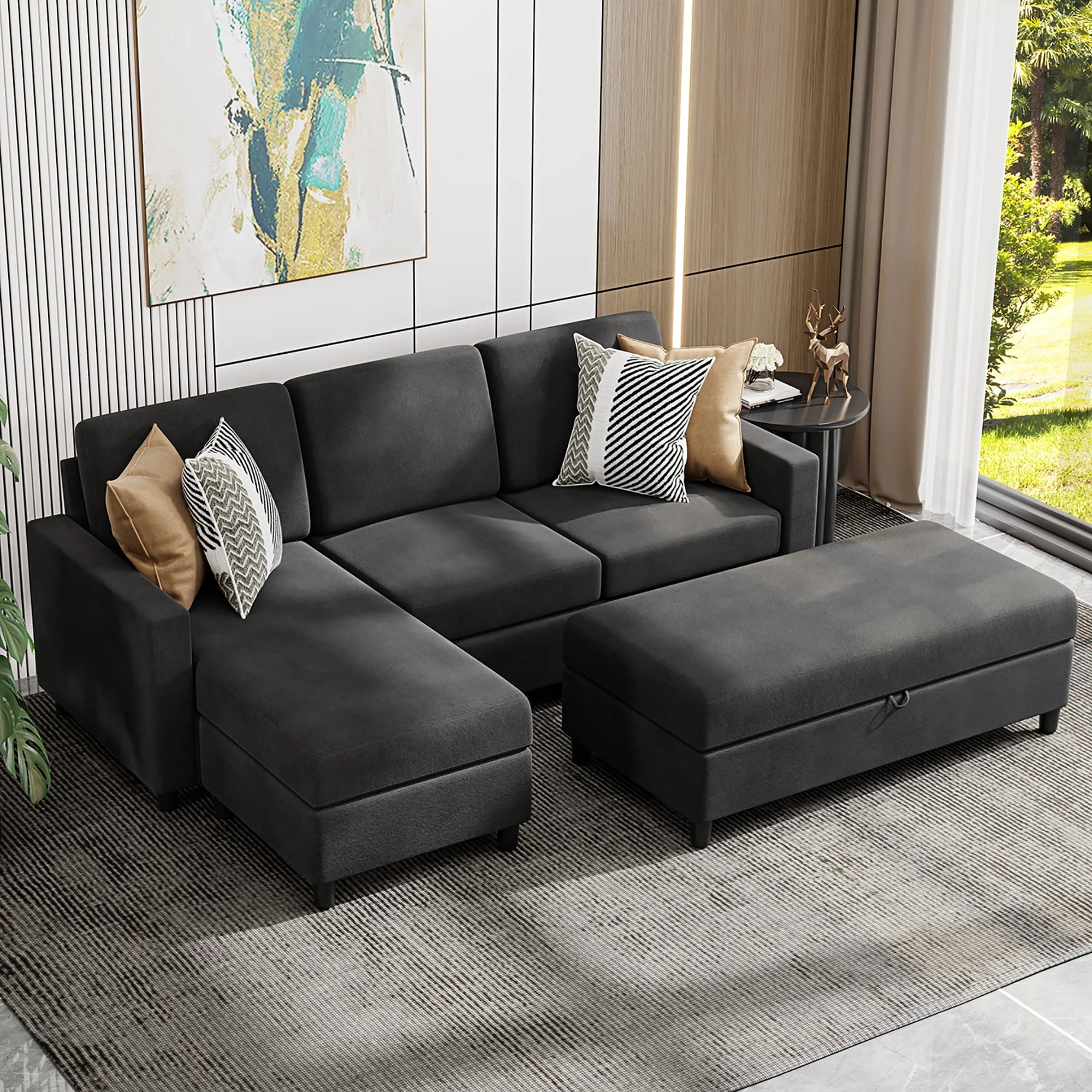 Walsunny Convertible Sectional L-Shaped Sofa with Modern Linen Fabric(Grayish Black) - Womvr