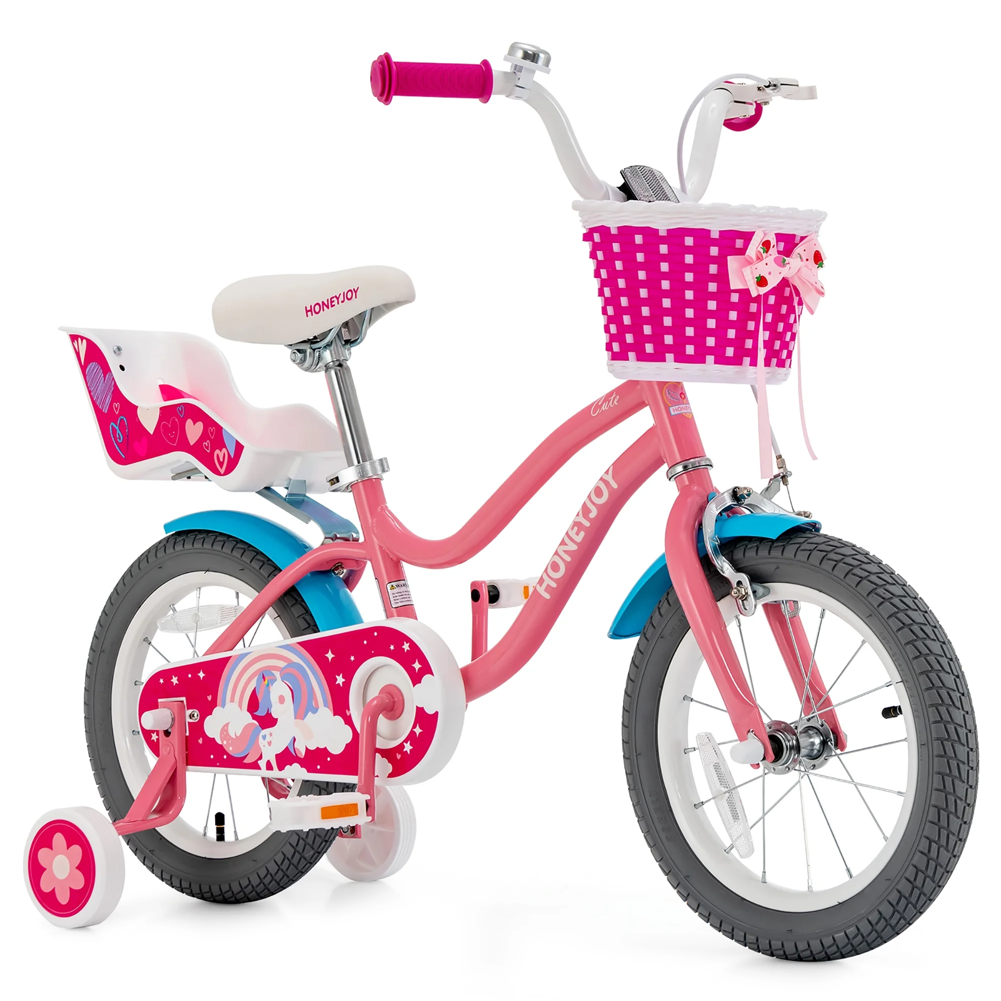 Gymax 14 Inches Kids Bicycle w/ Doll Chair & Basket Kids Bike w/ Training Wheels Pink - Womvr