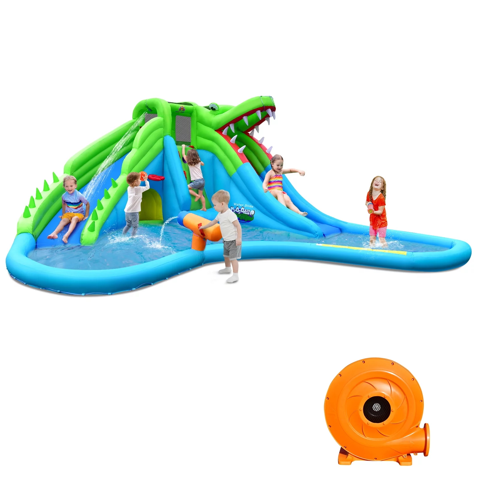 Topbuy Inflatable Splash Crocodile Water Slide Park Climbing Wall & Pool w/780W Blower - Womvr