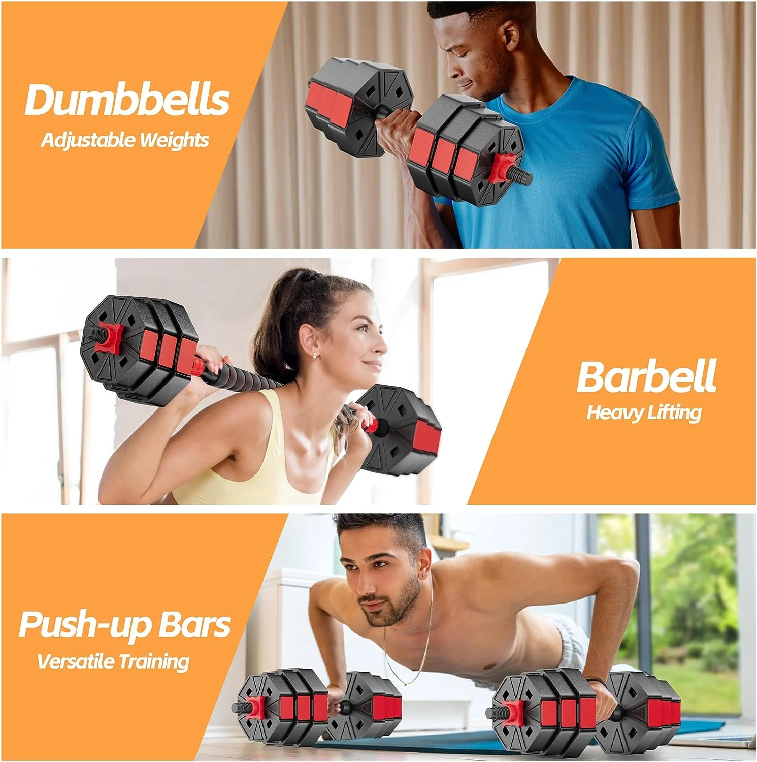 FIXTECH 66LB Adjustable Dumbbells Set, Weight Plate with Connector Used as Barbell, Fitness Strength Exercises for Home Gym, Red - Womvr