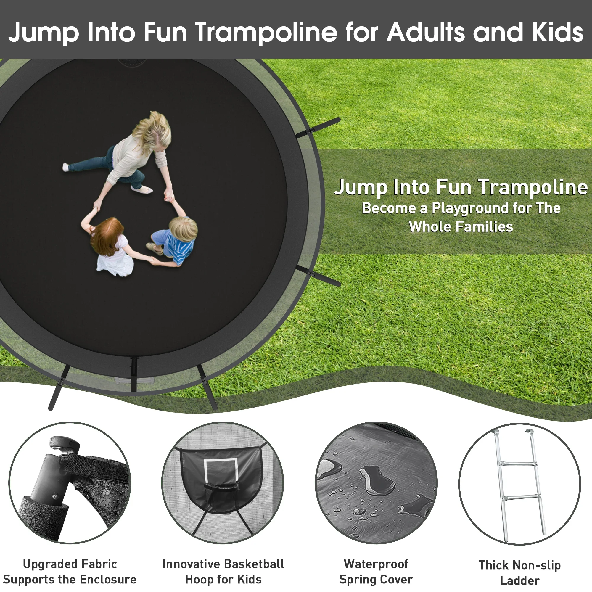 Jump Into Fun Trampoline 12FT 14FT, Trampoline with Enclosure, Basketball Hoop, 2 Balls, LED Light, Sprinkler and Socks, 1400LBS Trampoline for 1-2 Adults/ 4-5 Kids, Outdoor No Gap Design Trampoline - Womvr