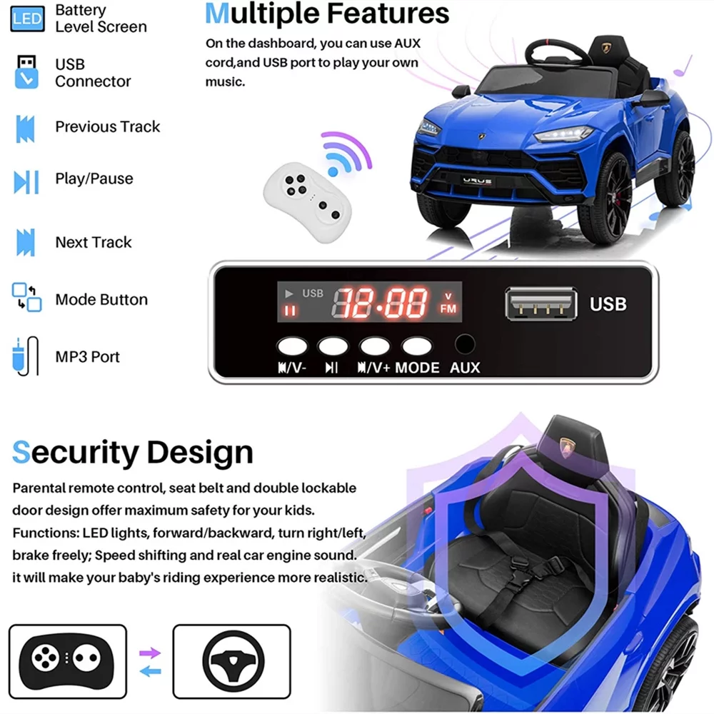 Lamborghini Urus 12V Electric Powered Ride on Car Toys for Girls Boys, Black Kids Electric Vehicles Ride on Toys with Remote Control, Foot Pedal, MP3 Player and LED Headlights, CL61 - Womvr